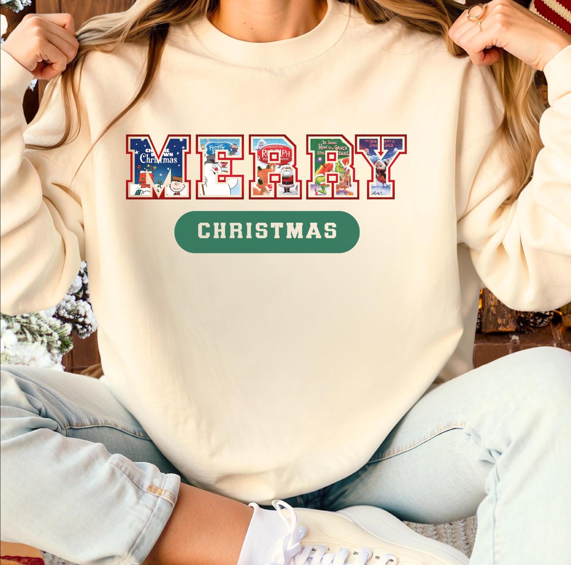 il_2000xN.6367493768_rzrn-1.jpg Merry Christmas Cartoons Varsity Athletic Sweatshirt, Christmas Specials, Peanuts, Year Without Santa, Rudolph, Grinch, Frosty, Charlie B