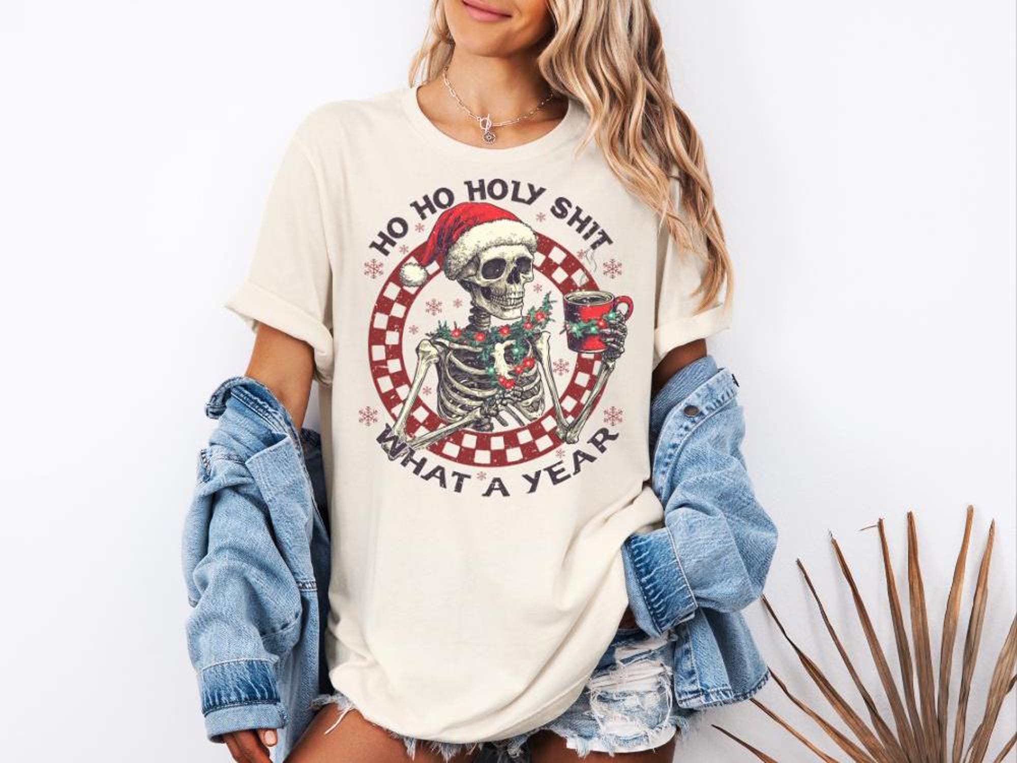 il_2000xN.6373515414_3lzl-1.jpg Funny Skeleton Christmas Shirt, Santa Skull Holiday Sweatshirt, What A Year Graphic Tee, Vintage Unisex Christmas Hoodie, Holiday Humor Gift