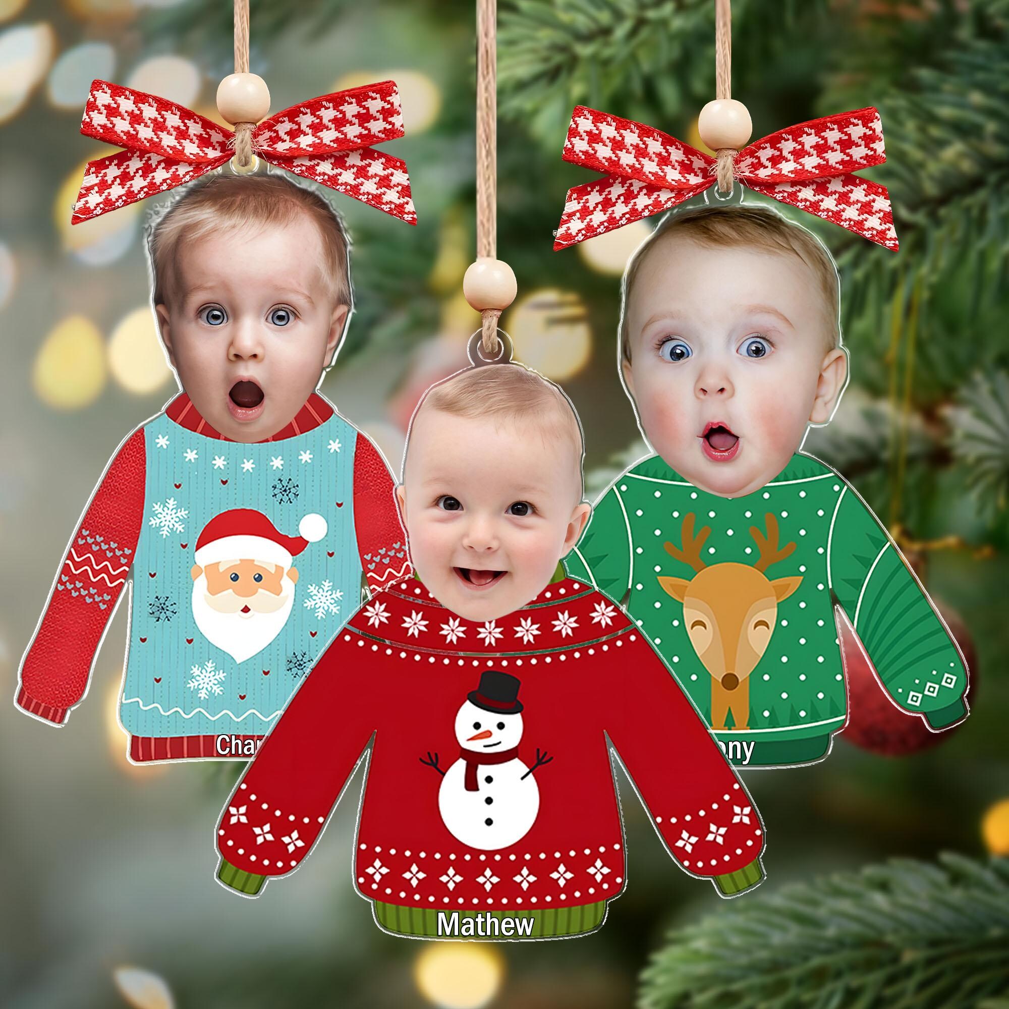 Custom Photo Funny Kid In Christmas Ugly Sweater, Personalized Kid’s Face and Name Christmas Ornament, Personalized Acrylic Ornament