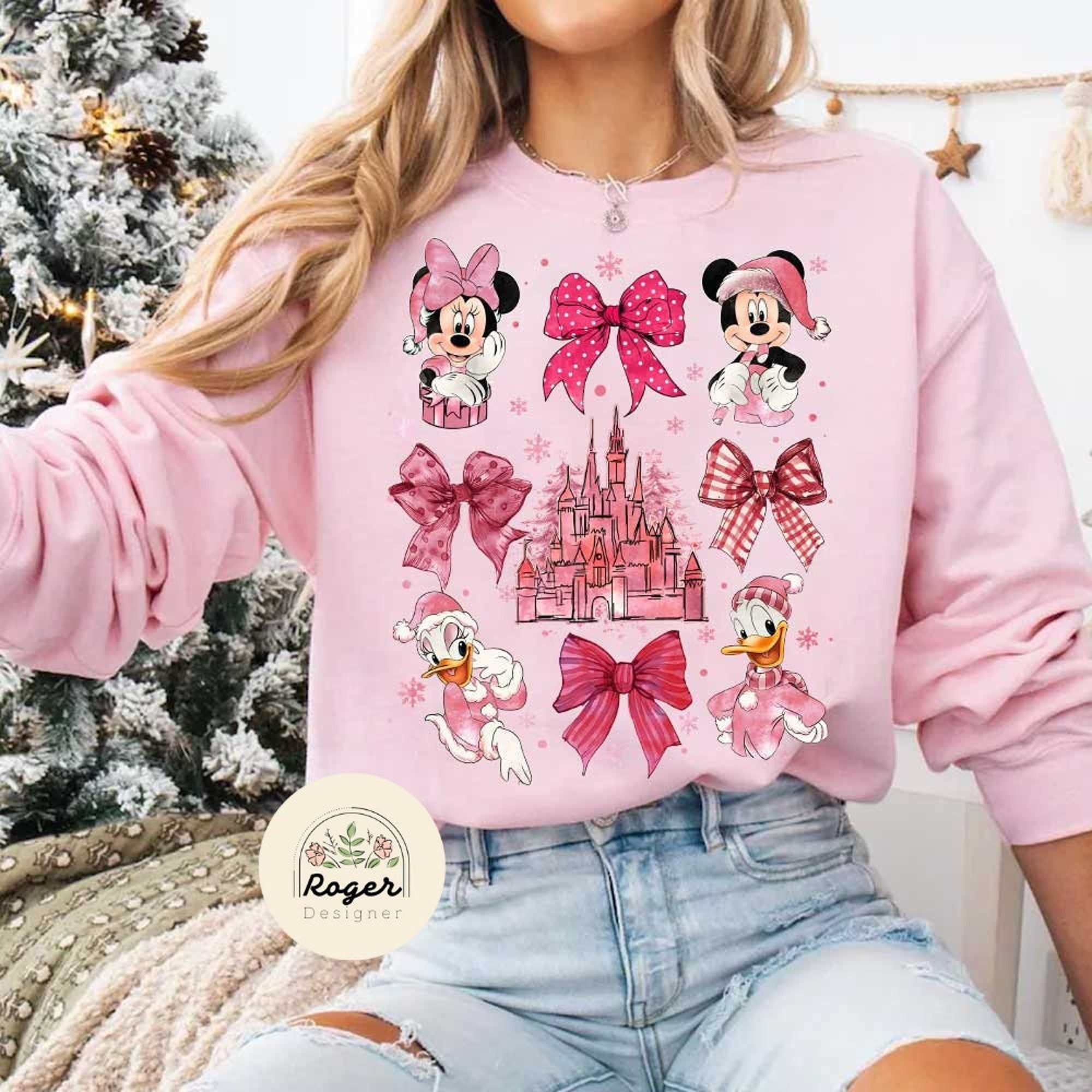 Pink Coquette Bows Mickey and Friends Christmas Sweatshirt, Mickey’s Very Merry Christmas Sweatshirt, WDW Disneyland Xmas Family Matching