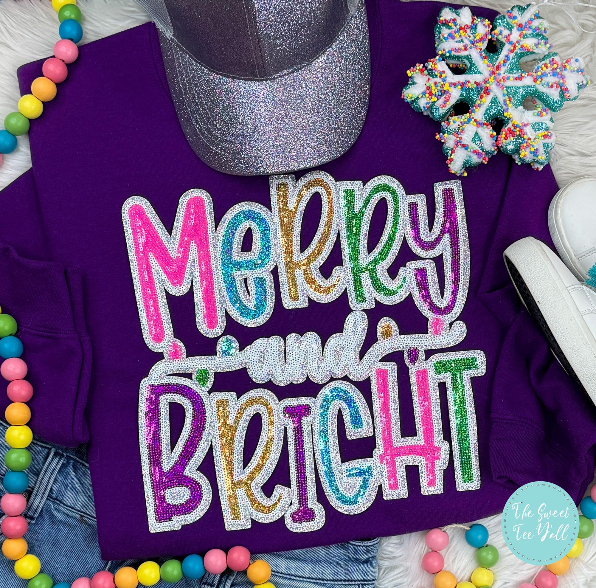 Cute Merry & Bright Sequin Christmas Sweatshirt – Chenille Sweatshirt – Christmas Sweatshirt – Merry and Bright Sequins – Christmas Sequins