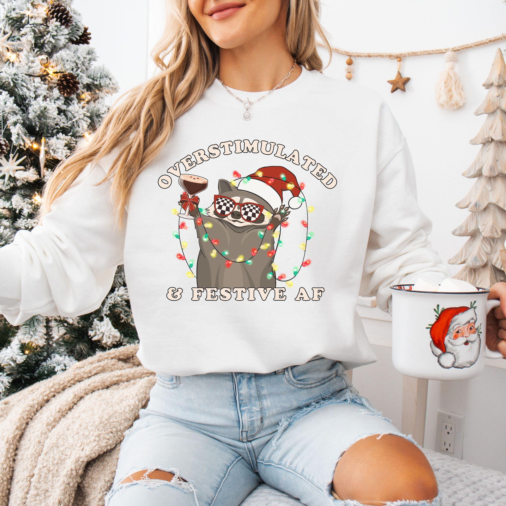 il_2000xN.6384313459_tchc-2.jpg Overstimulated & Festive AF Raccoon Christmas Sweatshirt Espresso Martini Tangled Lights Unhinged Funny Weirdcore Meme Gift Plus Size