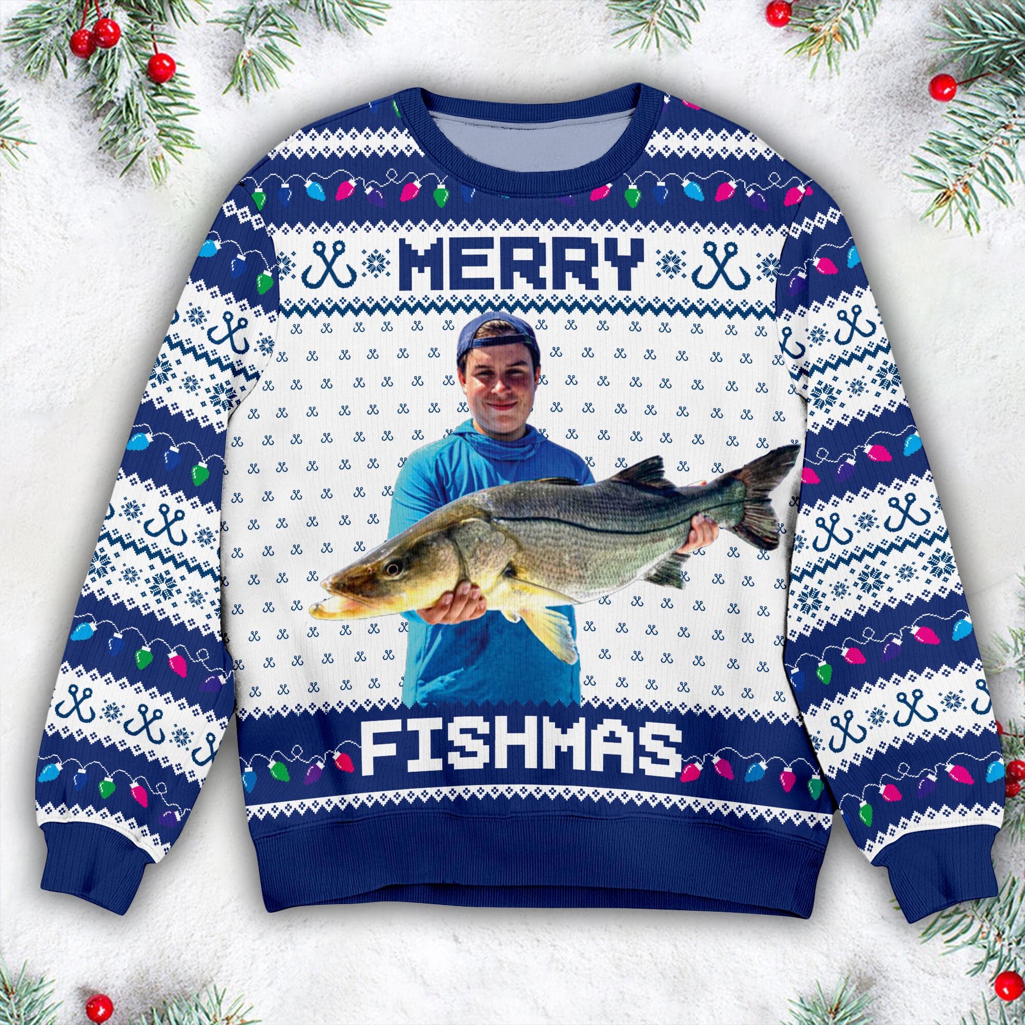 Merry Fishmas Gift For Fishing Lovers – Personalized Photo Ugly Sweater, Gift For Fishing Lovers, Fishing Ugly Sweater, Fisherman Gifts