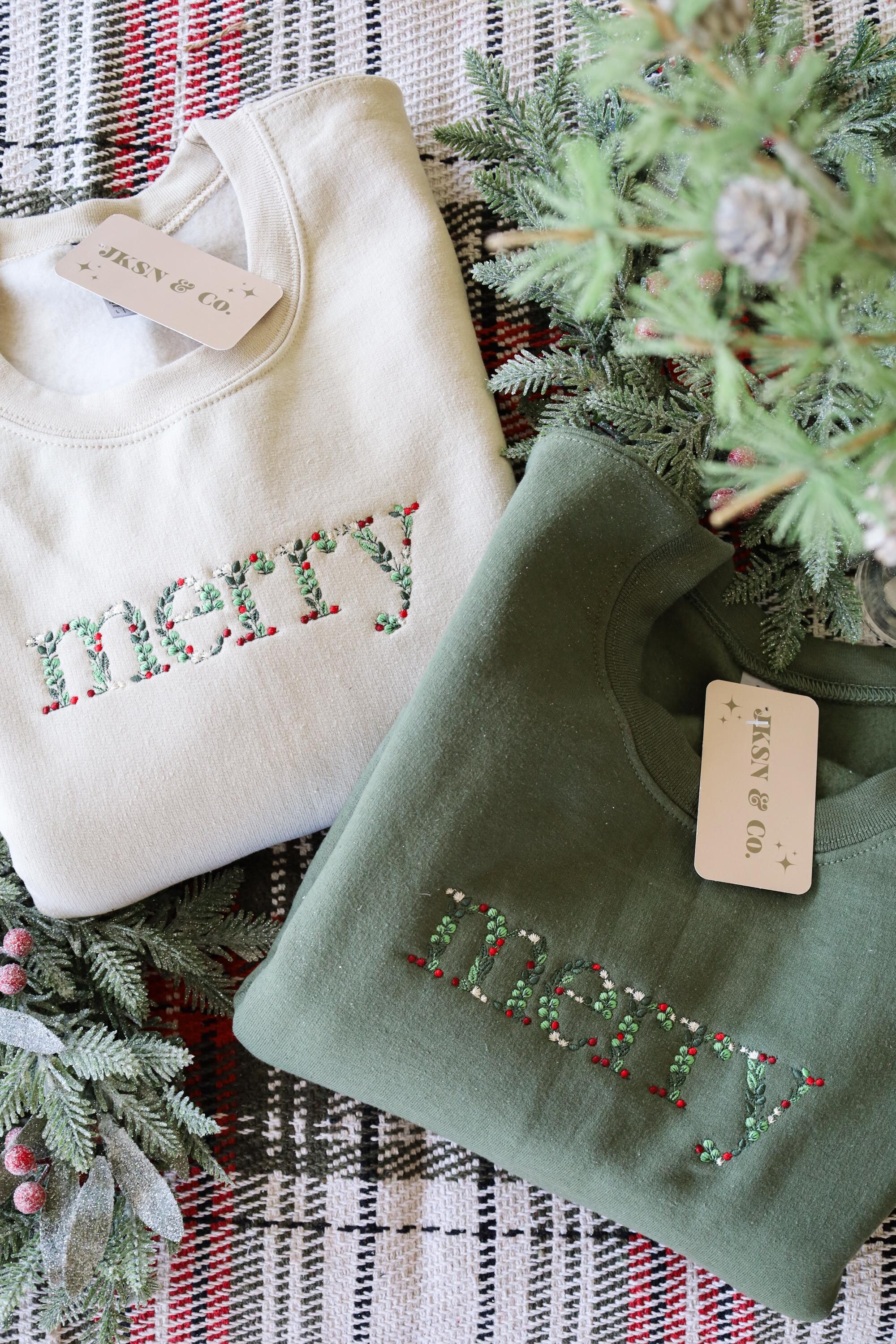 Floral Merry Embroidered Christmas Crewneck — Christmas Sweatshirt, Holiday Sweatshirt, Merry, Christmas Shirt, Holiday Shirt