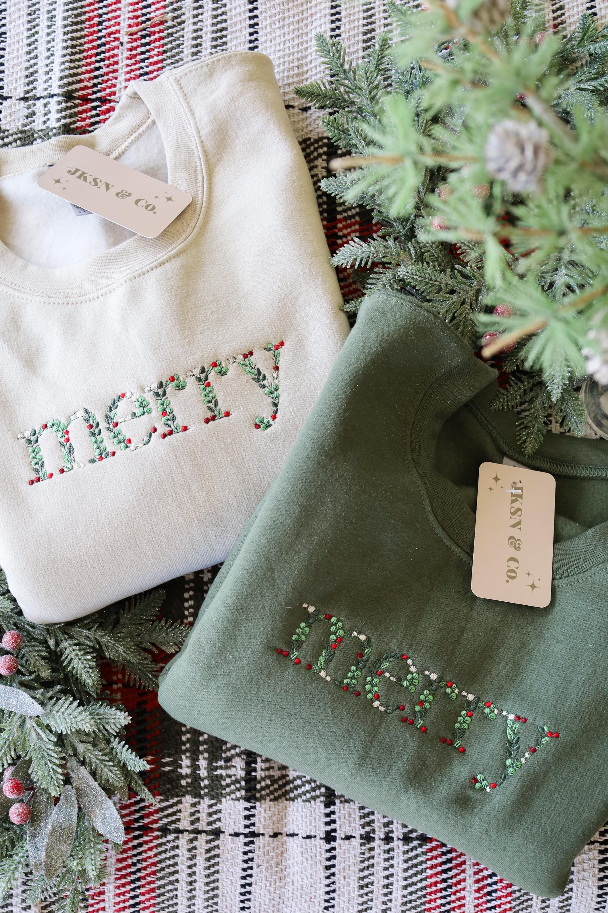 Floral Merry Embroidered Christmas Crewneck — Christmas Sweatshirt, Holiday Sweatshirt, Merry, Christmas Shirt, Holiday Shirt