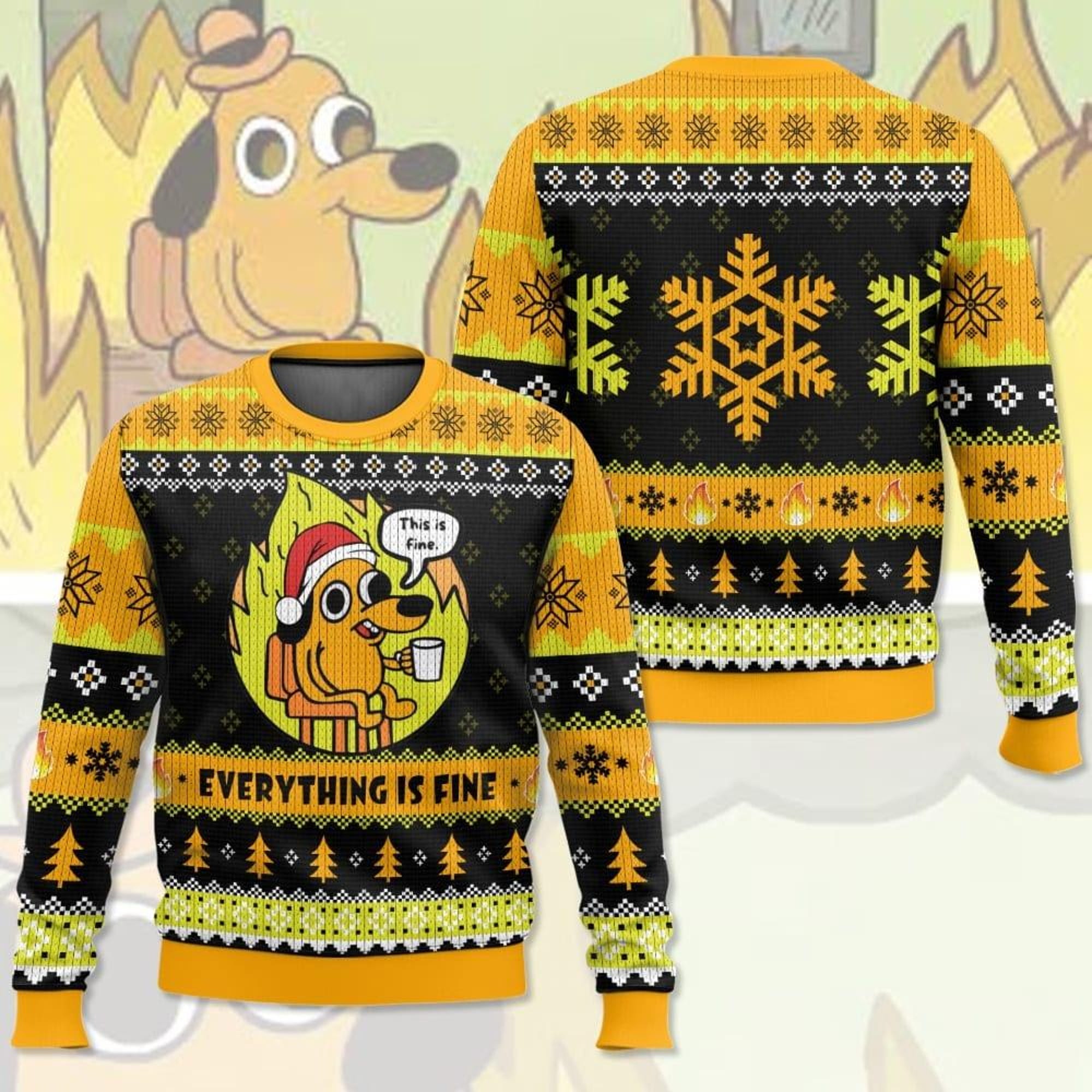 This Is Fine Meme Ugly Christmas Sweater, Funny Dog Meme Kid Adult Sweater, Everything Is Fine Meme Sweater, Pet Lover Xmas Gift