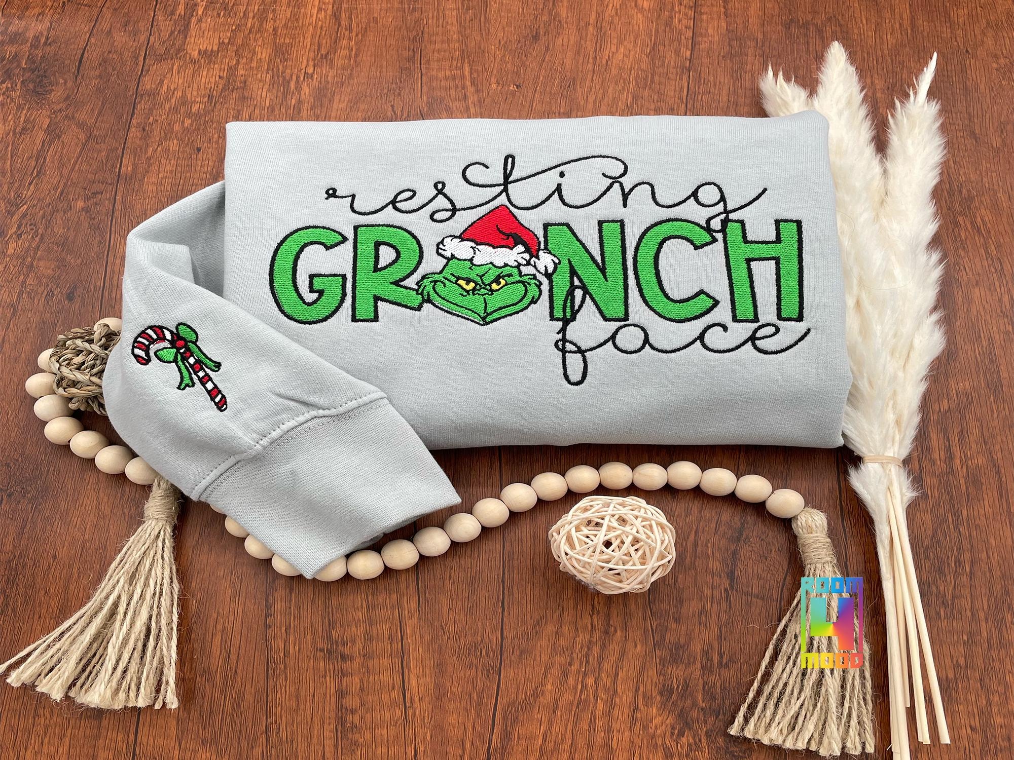 Christmas Sweatshirt, Whoville Embroidered Sweatshirt, Christmas Embroidery Sweatshirt, Crewneck, Sleeve candy cane, resting face grinch