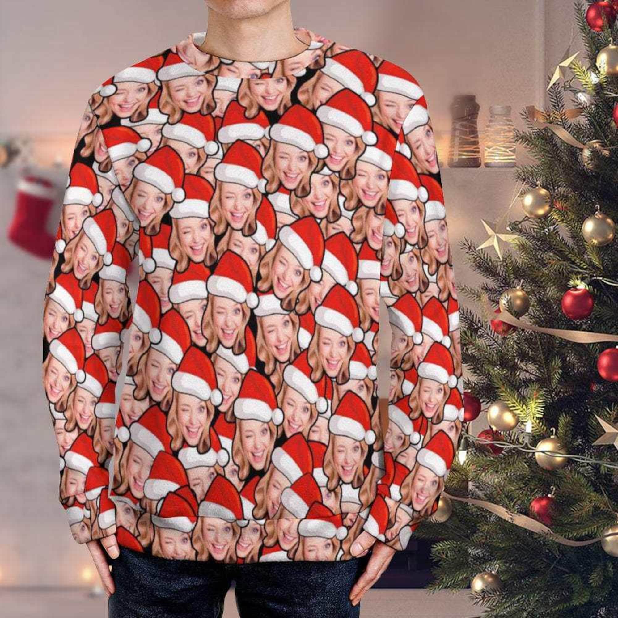 Custom Face Ugly Christmas Sweater, Personalized Christmas Sweater with Hat, Funny Holiday Sweater, Unique Christmas Gift for Family