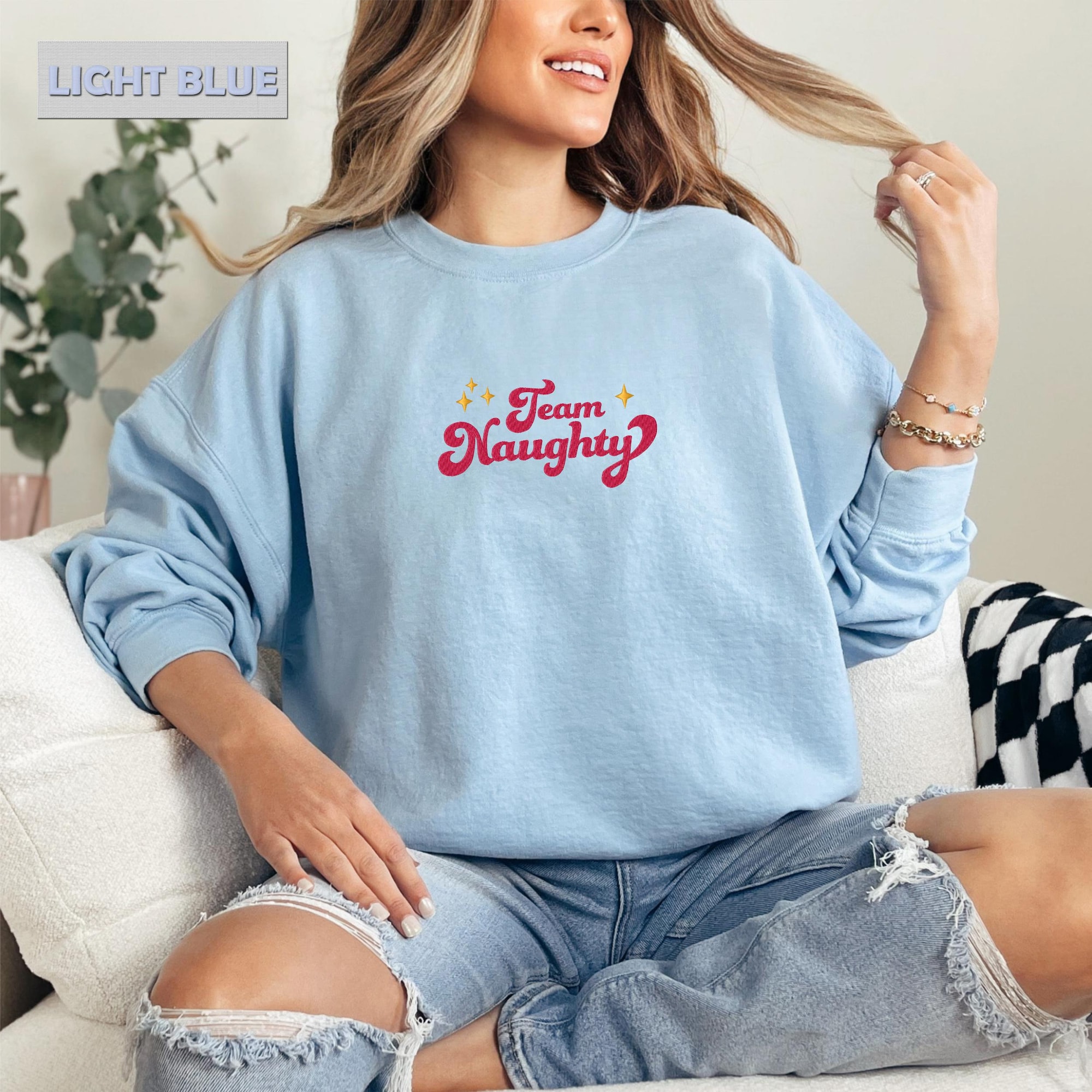 Embroidered Team Naughty Sweater, Cozy Team Naughty Xmas Sweater, Festive Team Naughty Christmas Sweater
