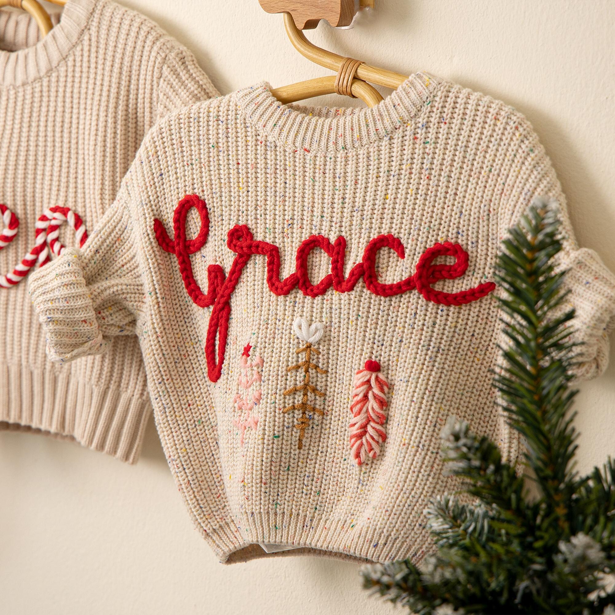 Hand Embroidered Baby Name Christmas Sweater for Baby Girls and Toddler Girls, Baby Toddler Custom Holiday Sweater, Christmas Girls Outfit