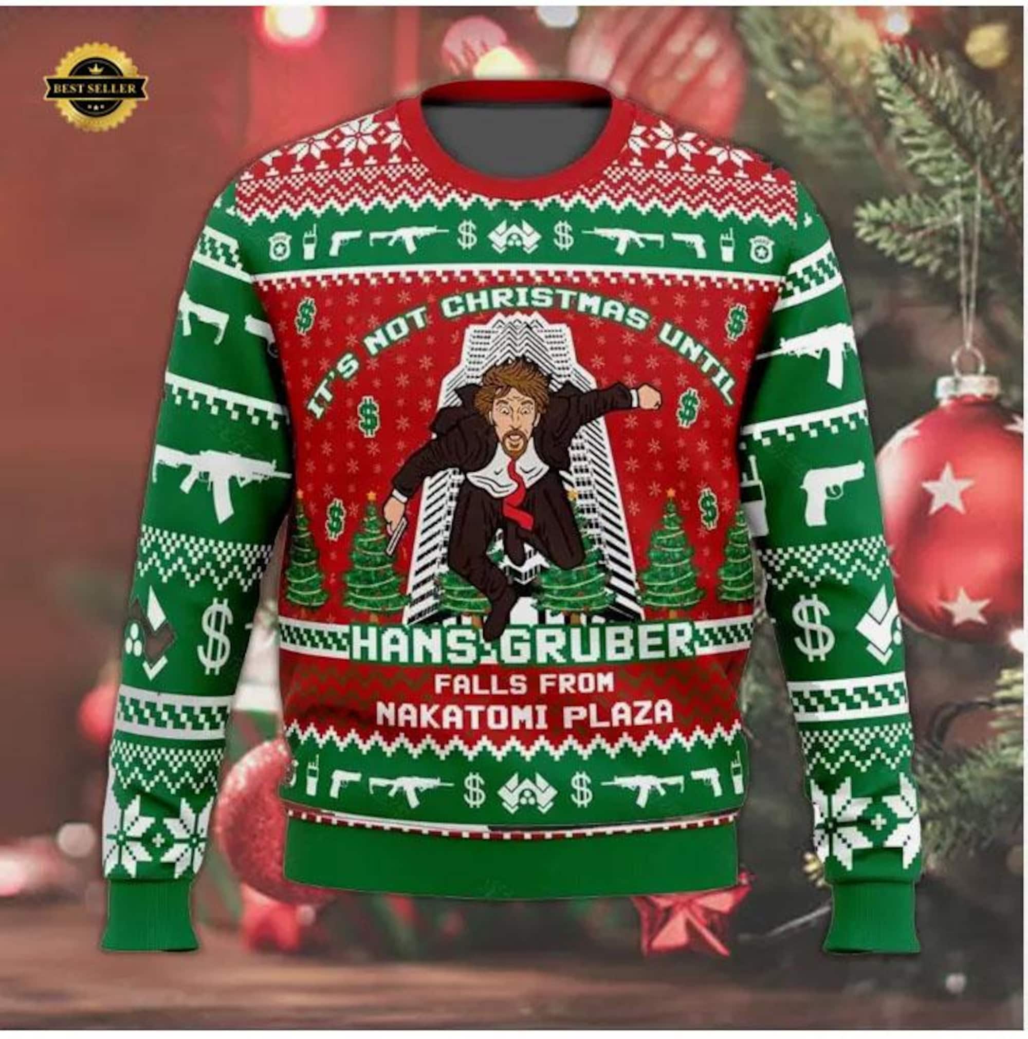 Hans Gruber Nakatomi Plaza Christmas Sweater – Die Hard Inspired Ugly Christmas Knit