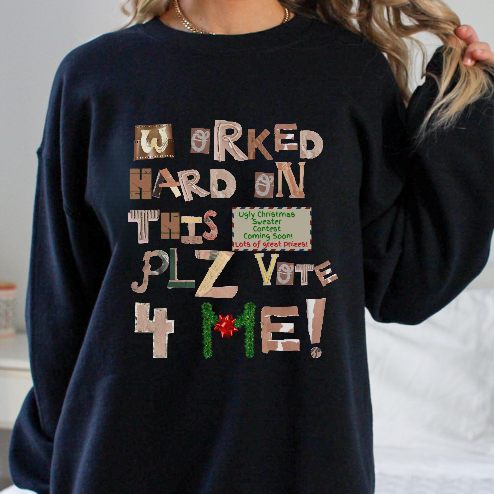 Tacky Ugly Christmas Sweater: Torn Paper Cardboard Letters