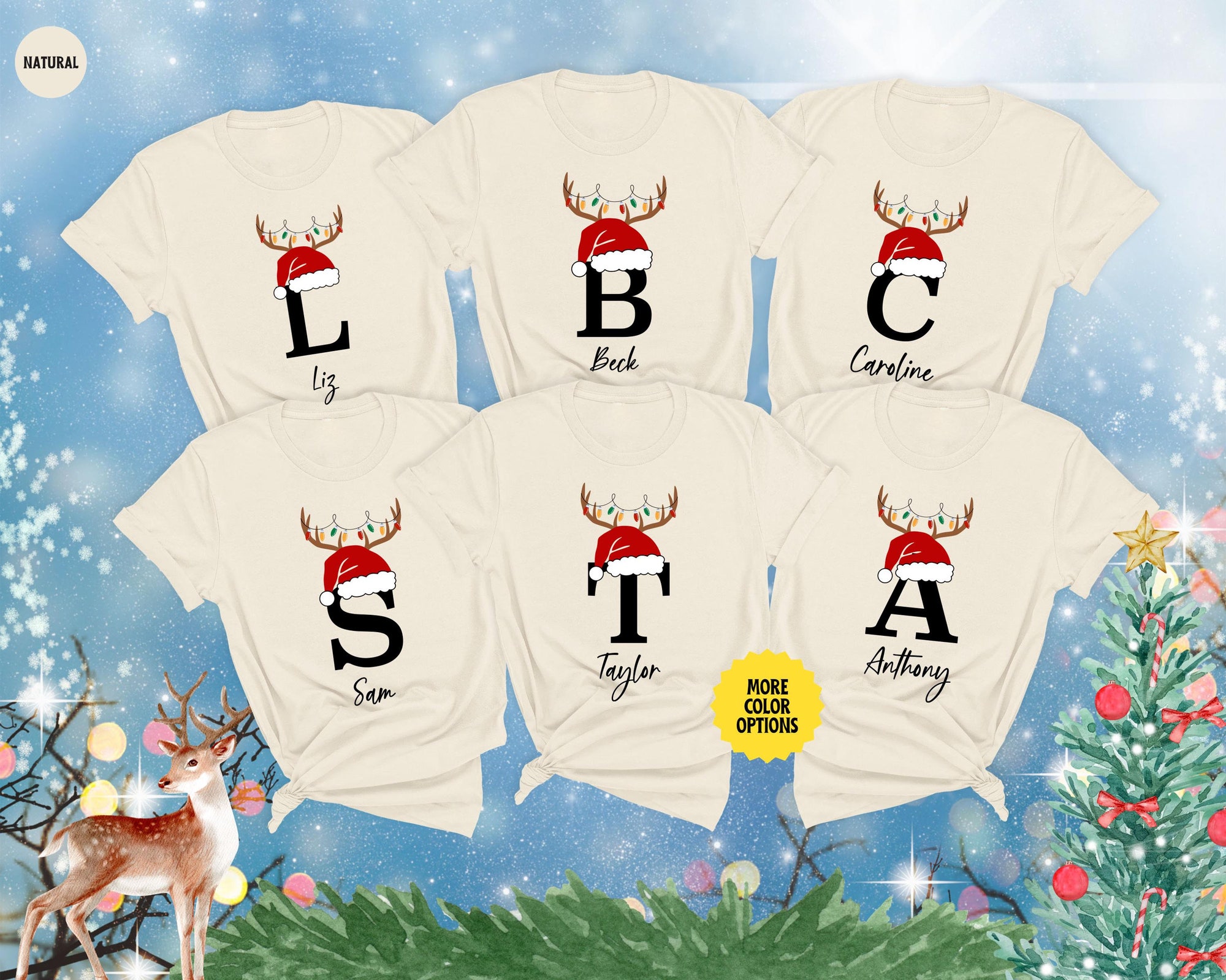 Custom Name Reindeer Shirts, Monogram Letter Christmas Shirt, Personalized Christmas Gift, Matching Christmas Shirt, Family Christmas Tees