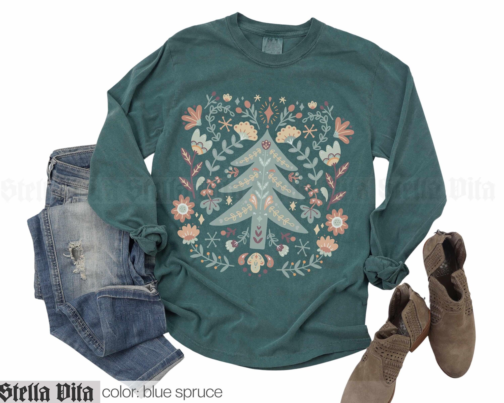 Folk Art Christmas Tree Long Sleeve Shirt, Floral Holiday Tee, Unisex Garment-dyed T-Shirt, Festive Winter Top, Xmas Tree Apparel