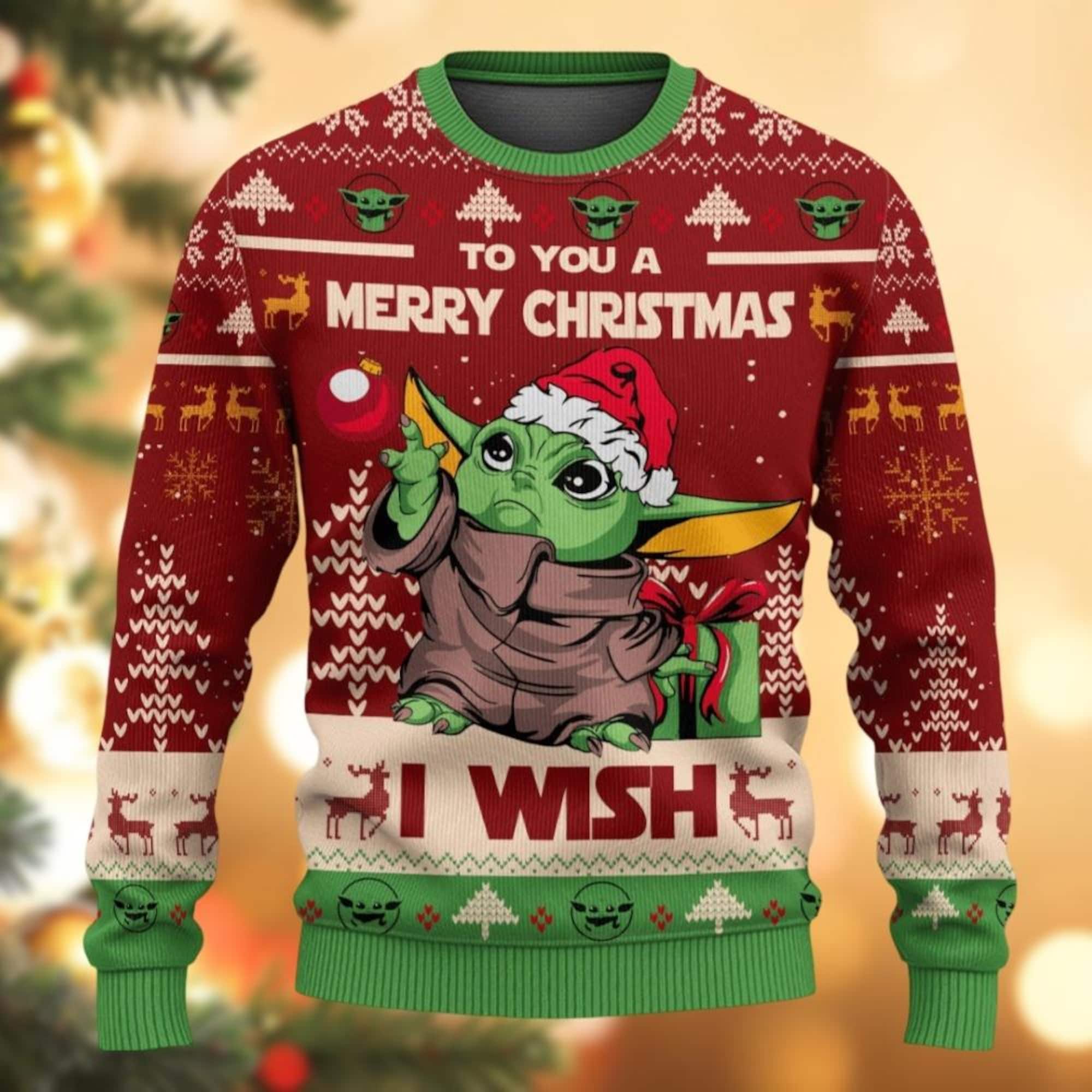 Christmas Baby Yoda Ugly Sweater, Star Wars Holiday Sweater, Disney Movie Xmas Sweater, To You Merry Christmas I Wish Sweater Family