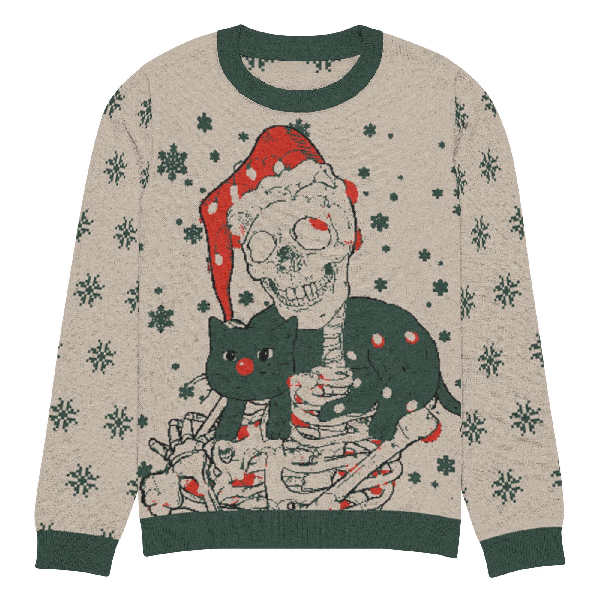 Santa Skeleton and Black Cat Christmas Sweater – Funny Knit Holiday Pullover