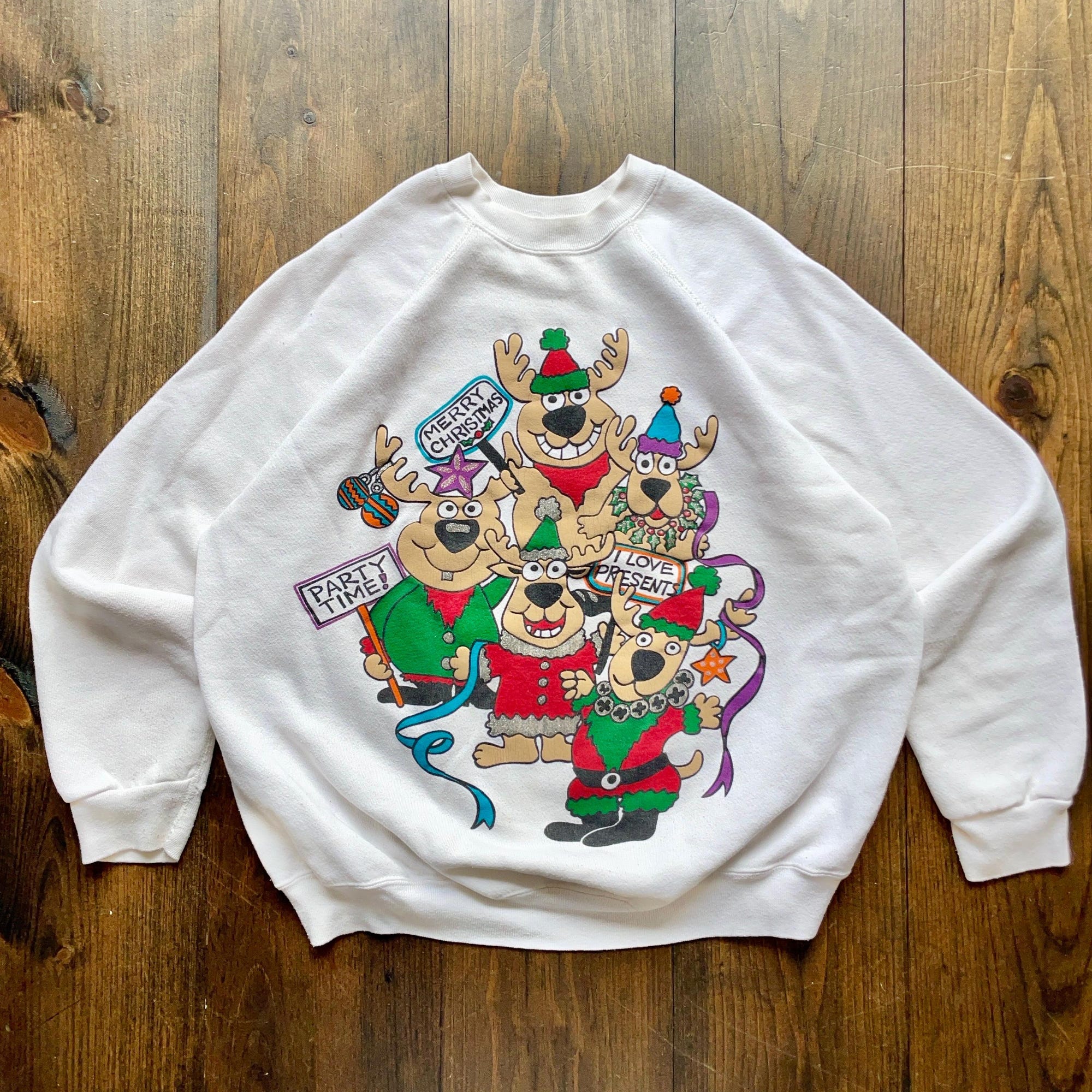 Vintage 1990s Cartoon Reindeer Christmas Crewneck Sweatshirt / made in USA / One Size (see measurements)