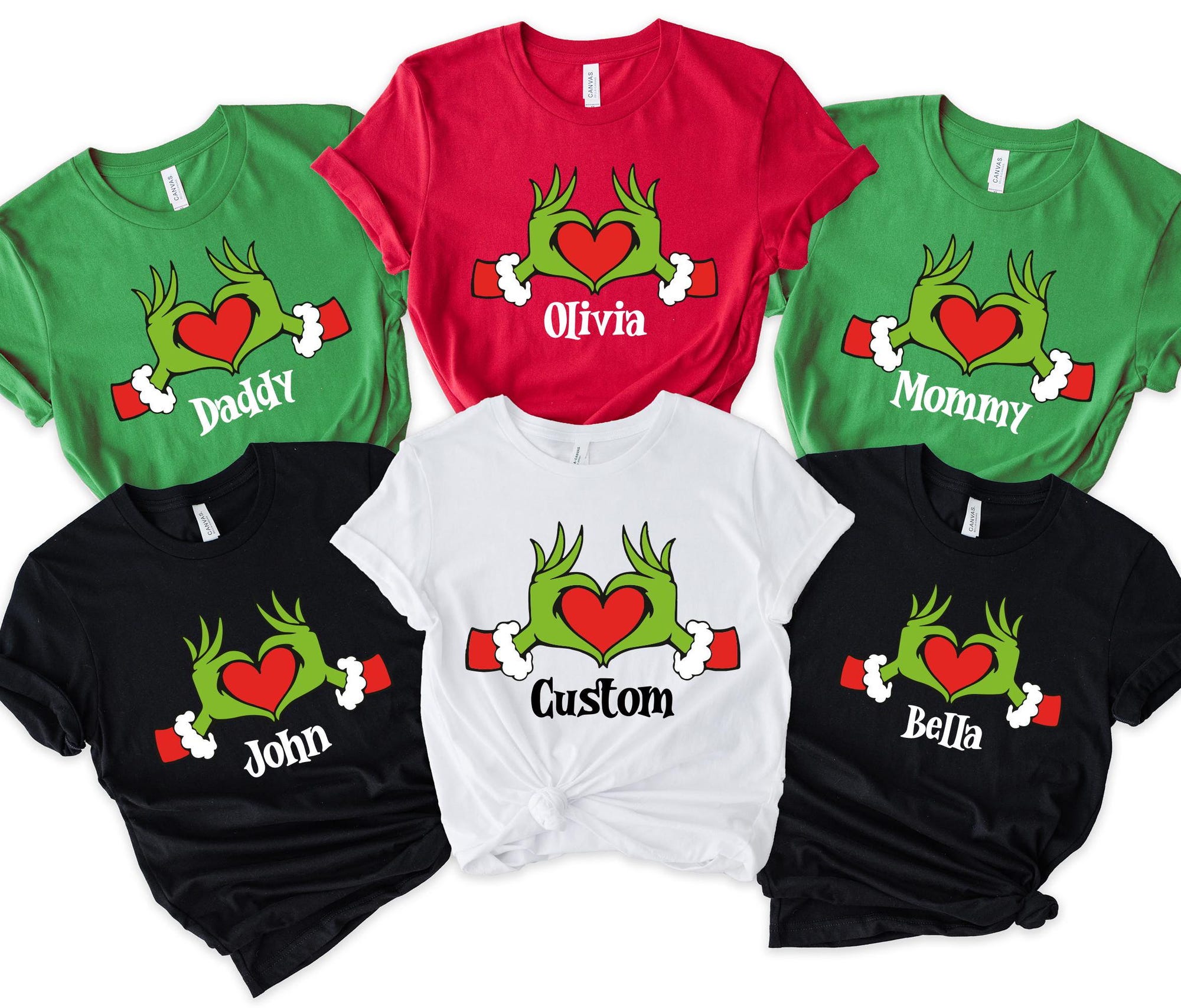 Custom Christmas Family Tshirt, Matching Christmas Movie Shirt, Personalized Green Hand Heart Shirt, Christmas Family Xmas  Gift