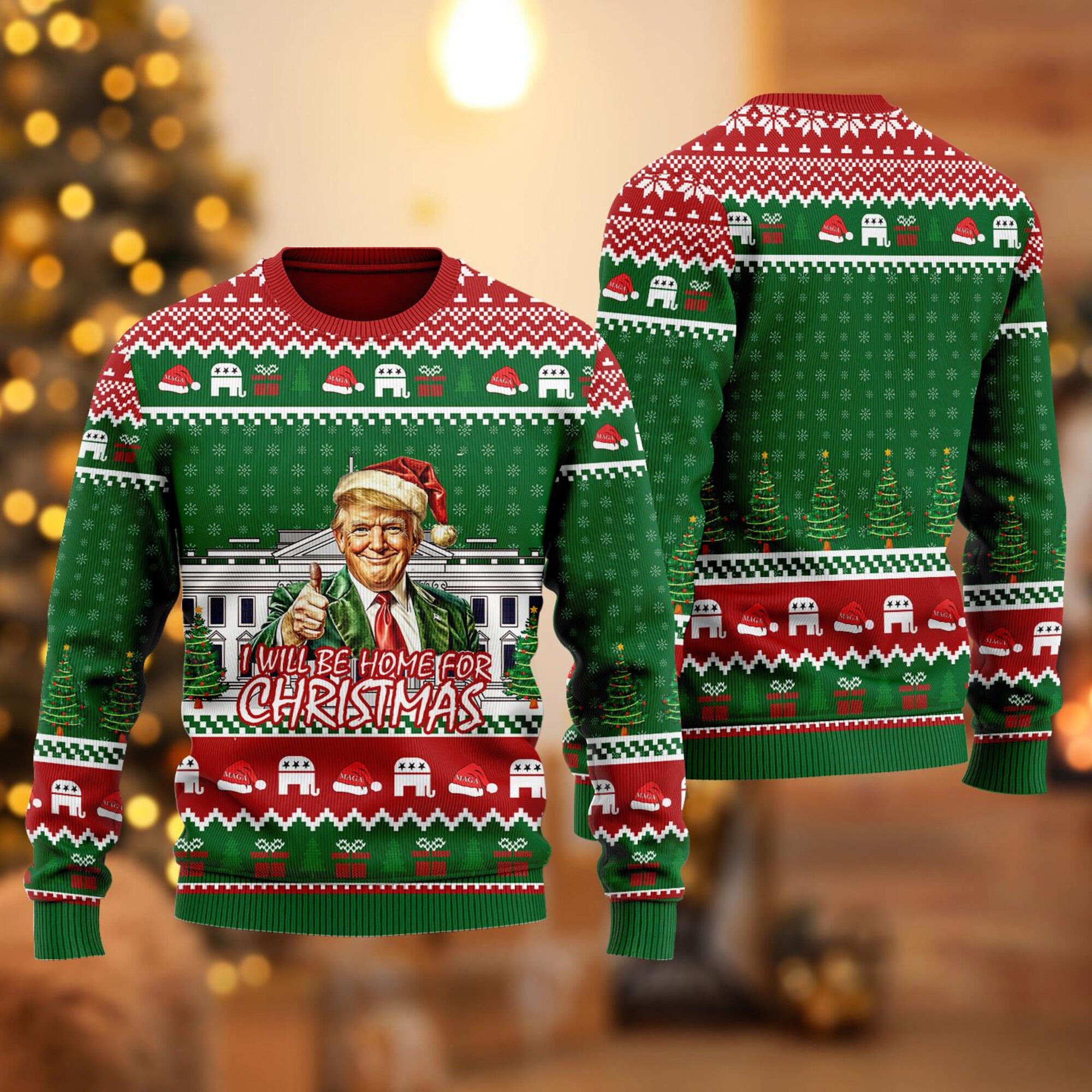 il_2000xN.6407308198_37z0.jpg Trump I'll Be Home for Christmas Ugly Sweater, Humorous Trump Christmas Sweater, President Trump 45 47, My President Trump, Election 2024