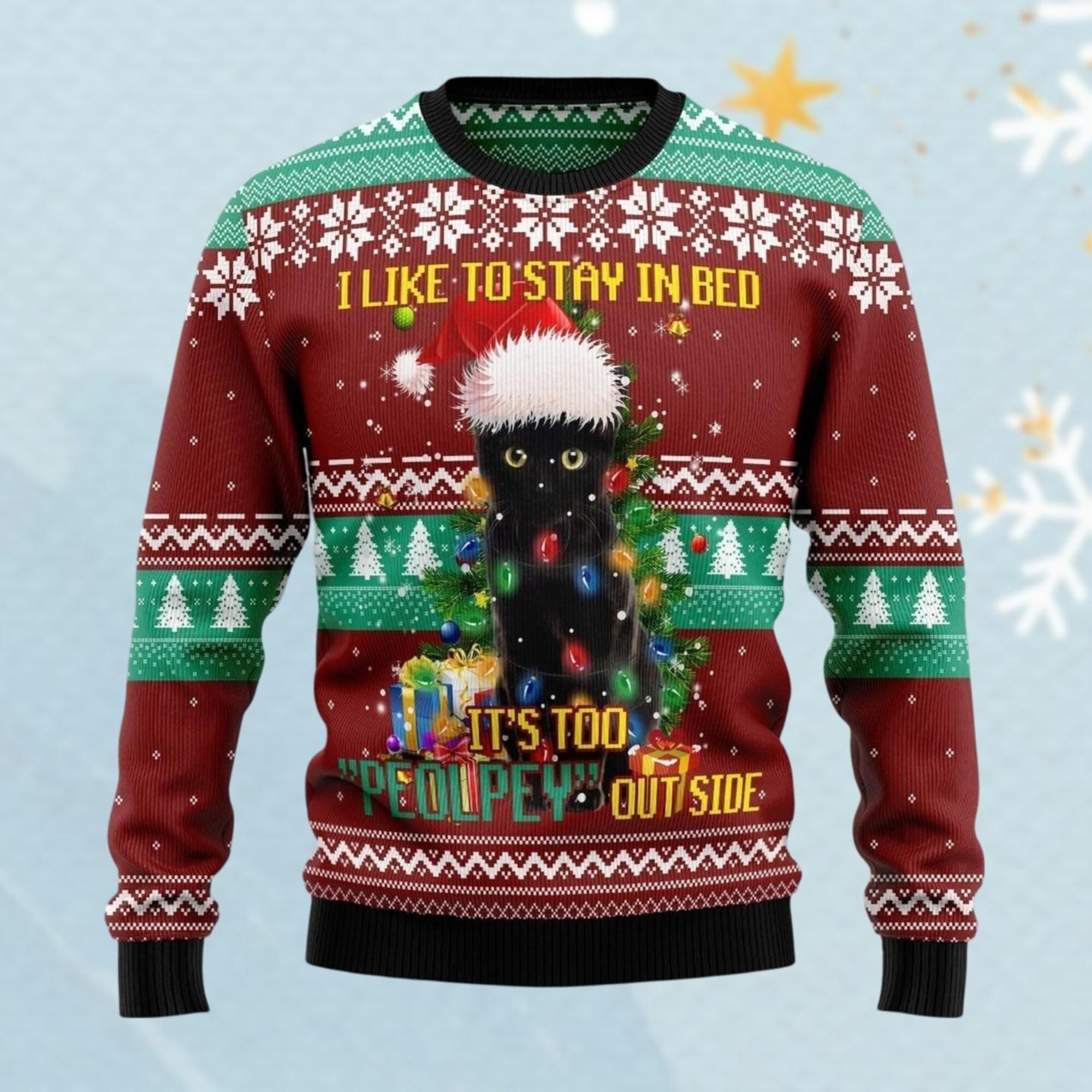 Black Cat Like Stay To In Bed Xmas Ugly Christmas Sweater, Black Cat Christmas Lights Sweater, Kitten Christmas Sweater, Cat Lover Gift