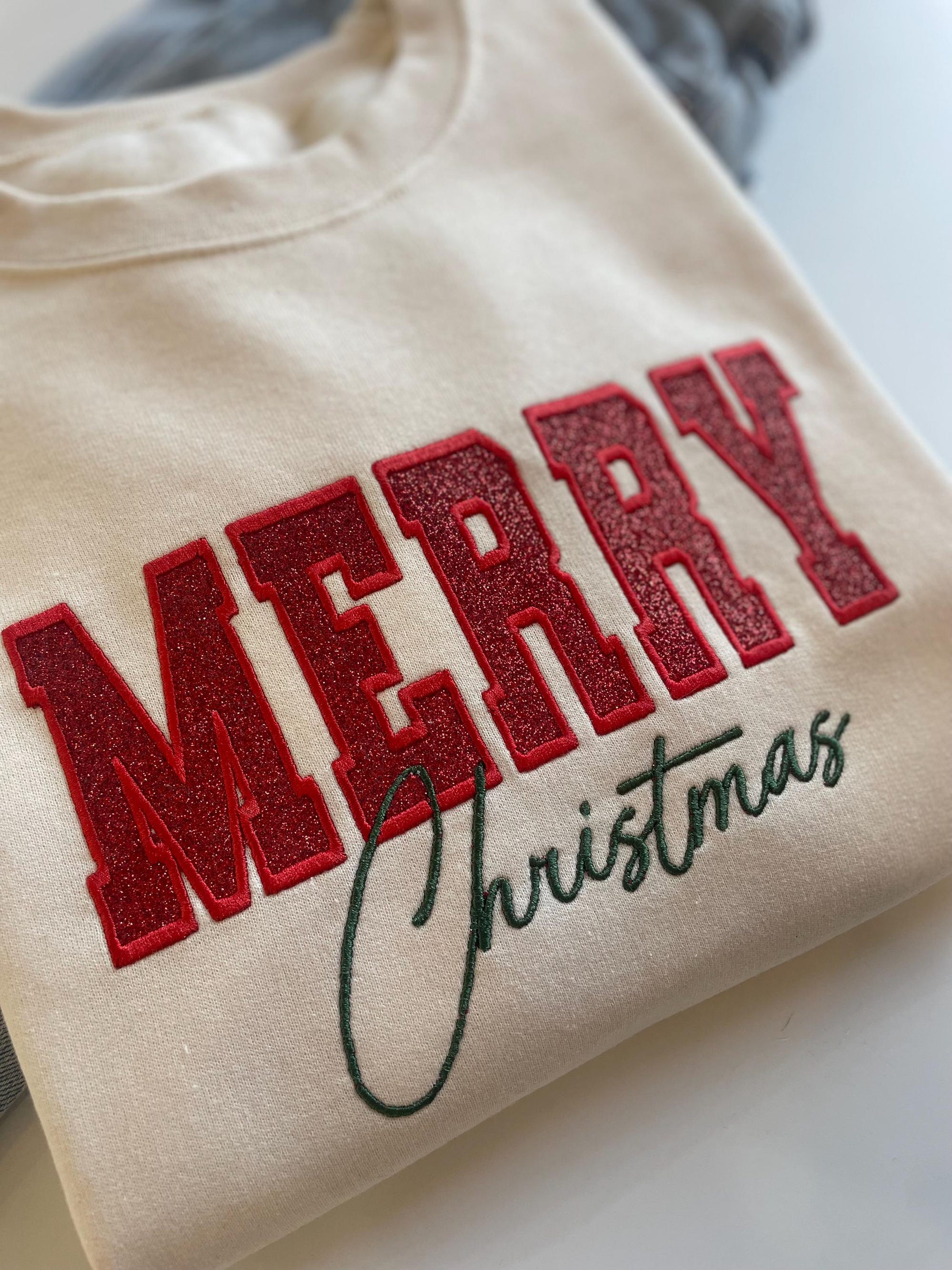 Womens Glitter Christmas Sweatshirt, Embroidered Xmas Crewneck