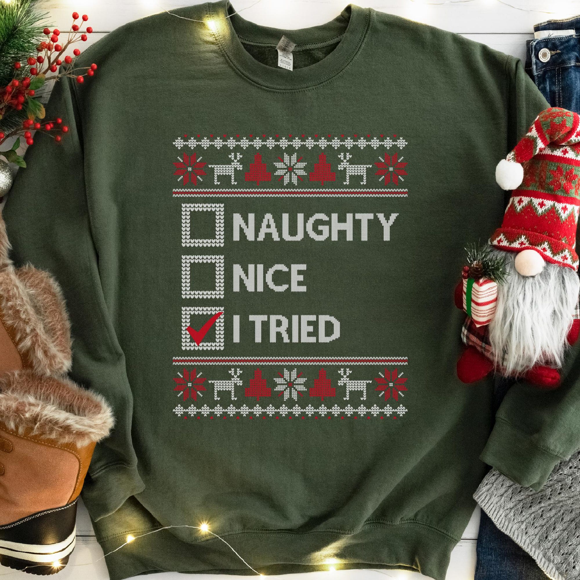 Naughty Nice I Tired Ugly Christmas Sweater Funny Christmas Gift Christmas Crewneck, Christmas Party, Christmas Gift for Him Holiday Sweater