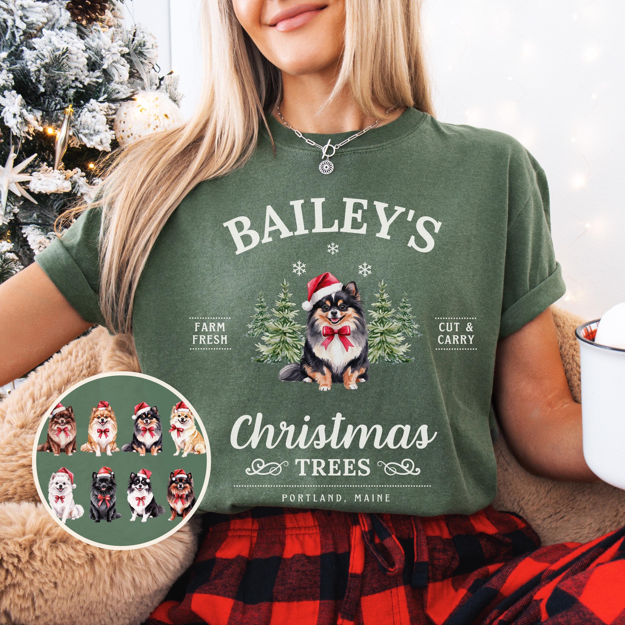 Pomeranian Christmas Shirt Personalized Pomeranian T-Shirt Christmas Trees Shirt Pomeranian Christmas Gifts for Pom Mom Tee Pomeranian Gift