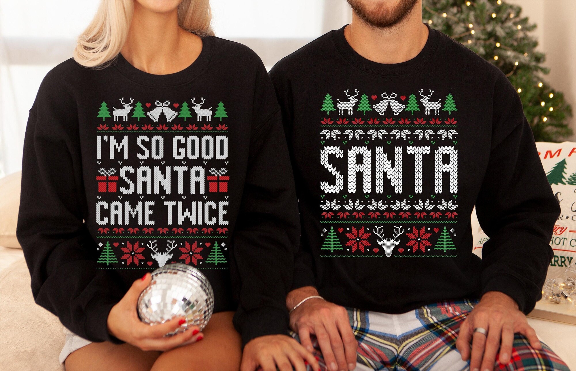 The Original Unisex Funny Couples Matching Ugly Christmas Sweater, Santa Twice, Christmas Pajamas, Sold Seperate