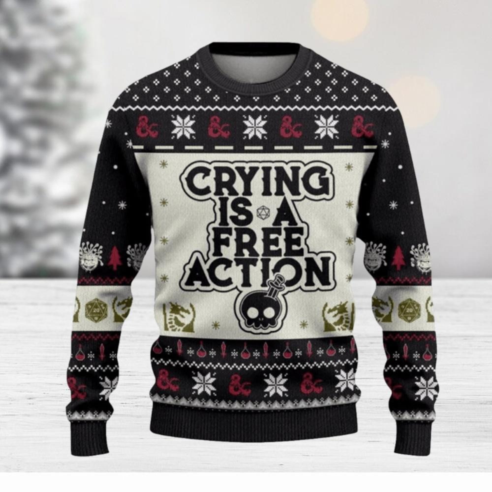 DnD Crying Is A Free Action Ugly Sweater, Dungeons And Dragons Sweater, D&D Christmas Sweater, Gaming Dungeon Master Gift