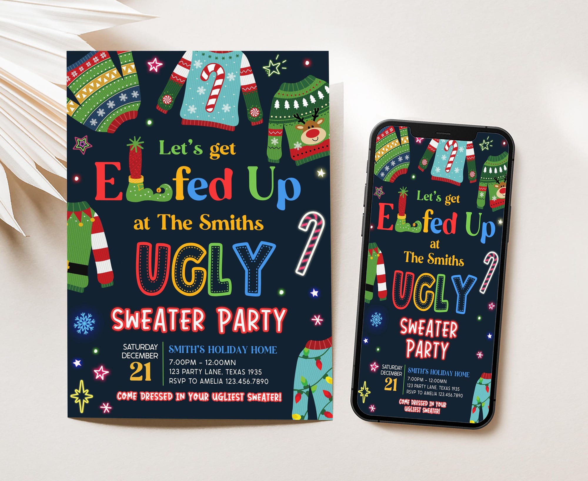 Editable Ugly Sweater Party Christmas Invitation, Elfed Up Ugly Sweater Invite, Tacky Christmas Invite, Holiday Sweater Party Invite, 46SE