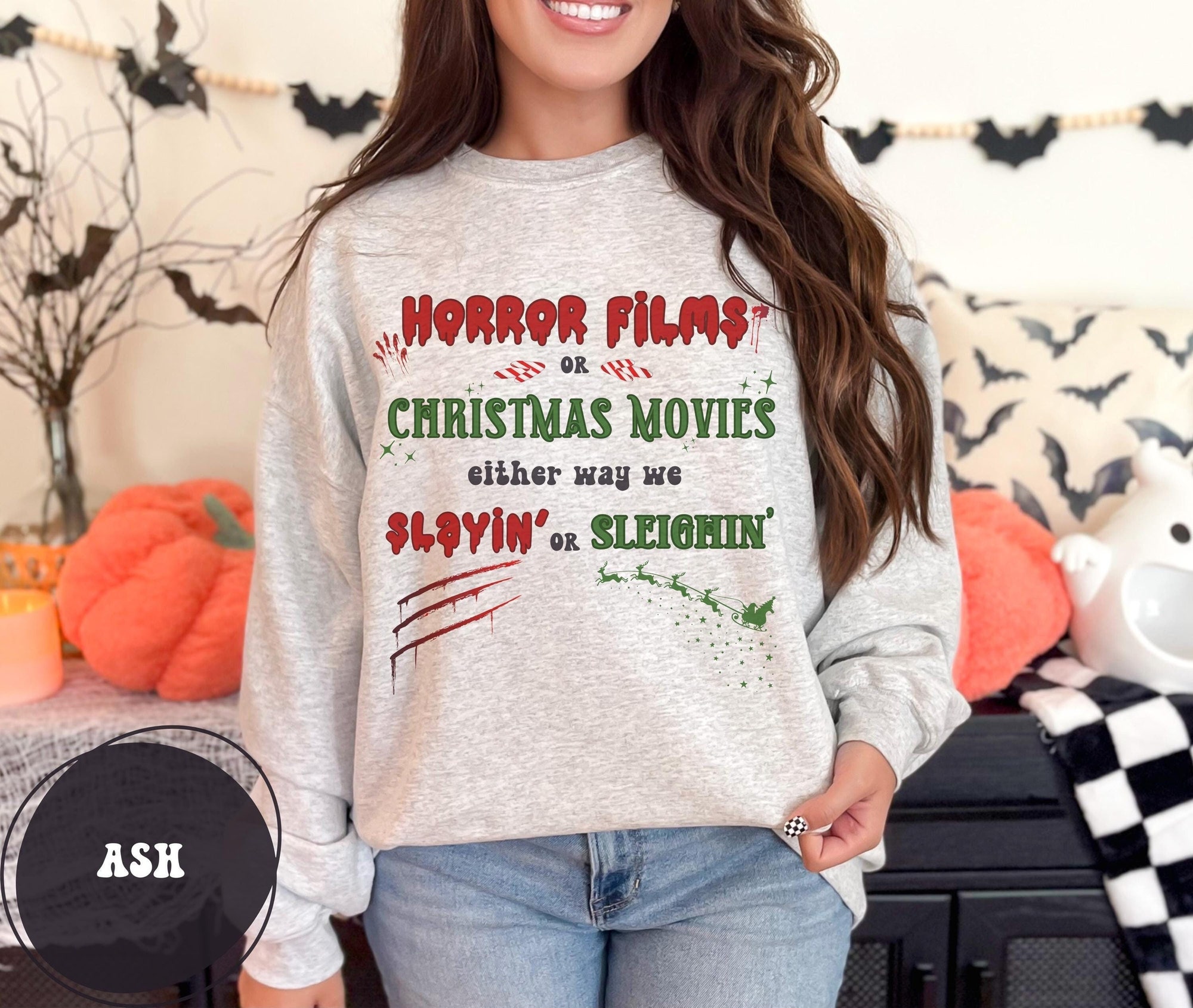 Funny Horror Christmas Halloween Sleighin’ Crewneck Sweatshirt, Scary Movie Xmas, Horror Film Holiday Pullover, Creepy Winter