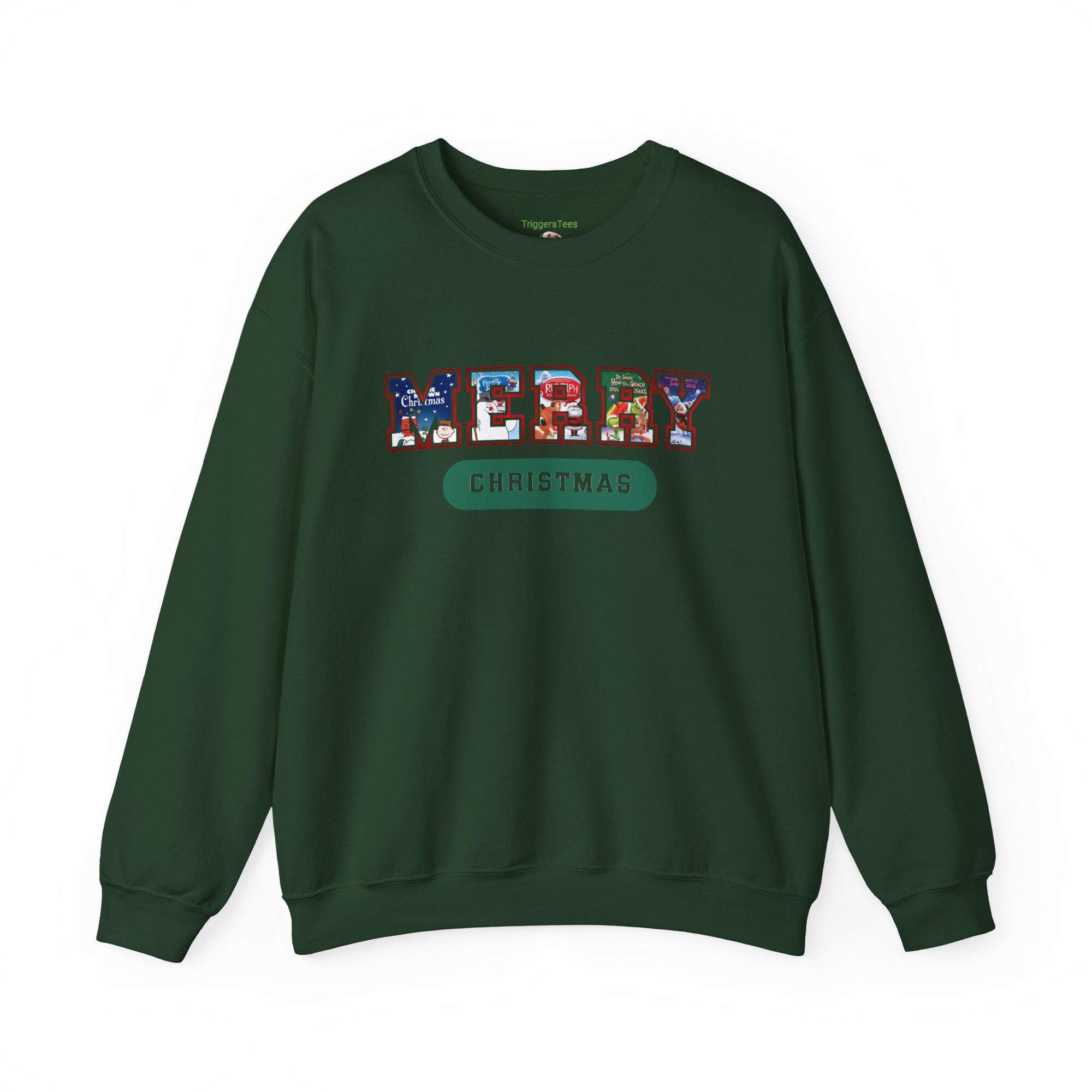 il_2000xN.6415562421_s8fg-1.jpg Merry Christmas Cartoons Varsity Athletic Sweatshirt, Christmas Specials, Peanuts, Year Without Santa, Rudolph, Grinch, Frosty, Charlie B