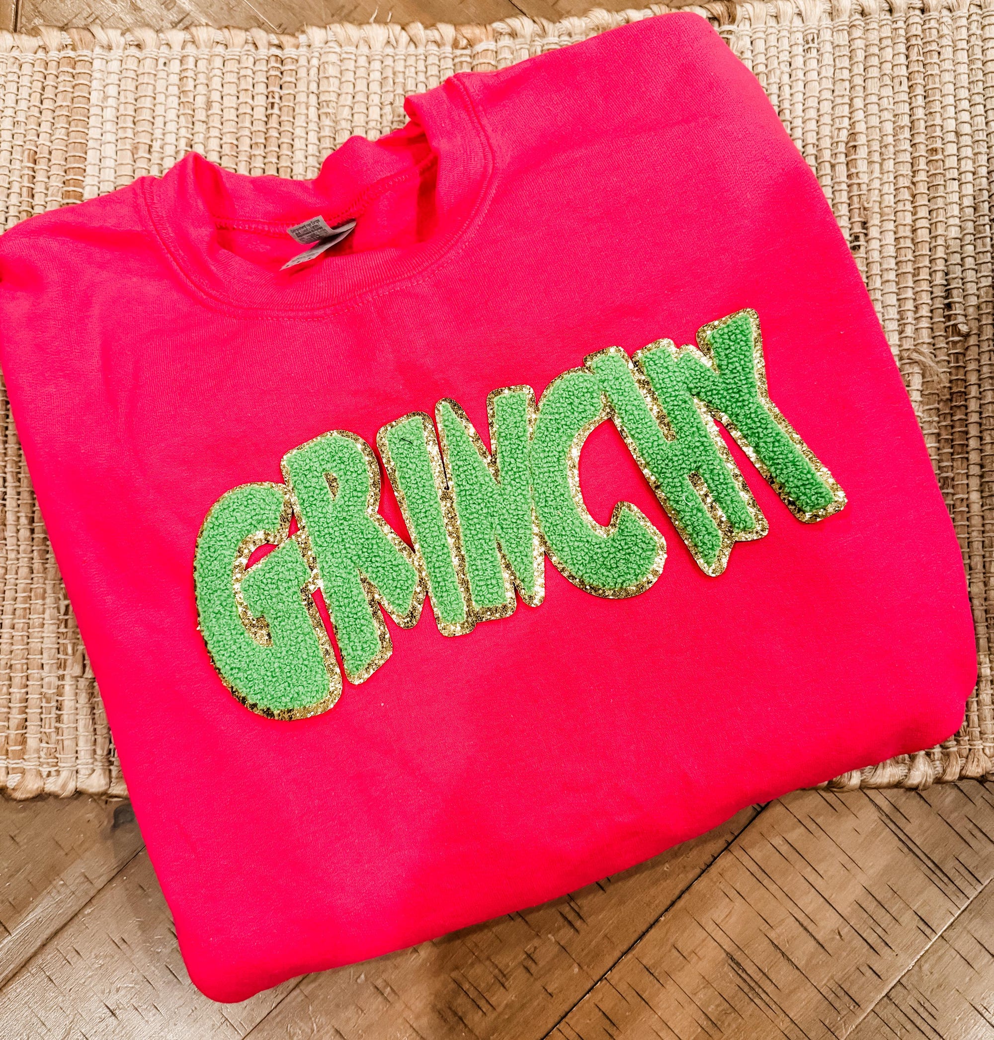 Christmas sweatshirt, chenille letters, Christmas Day gift, cold weather, Pink & Green, Grinchy, winter, Long Sleeve,