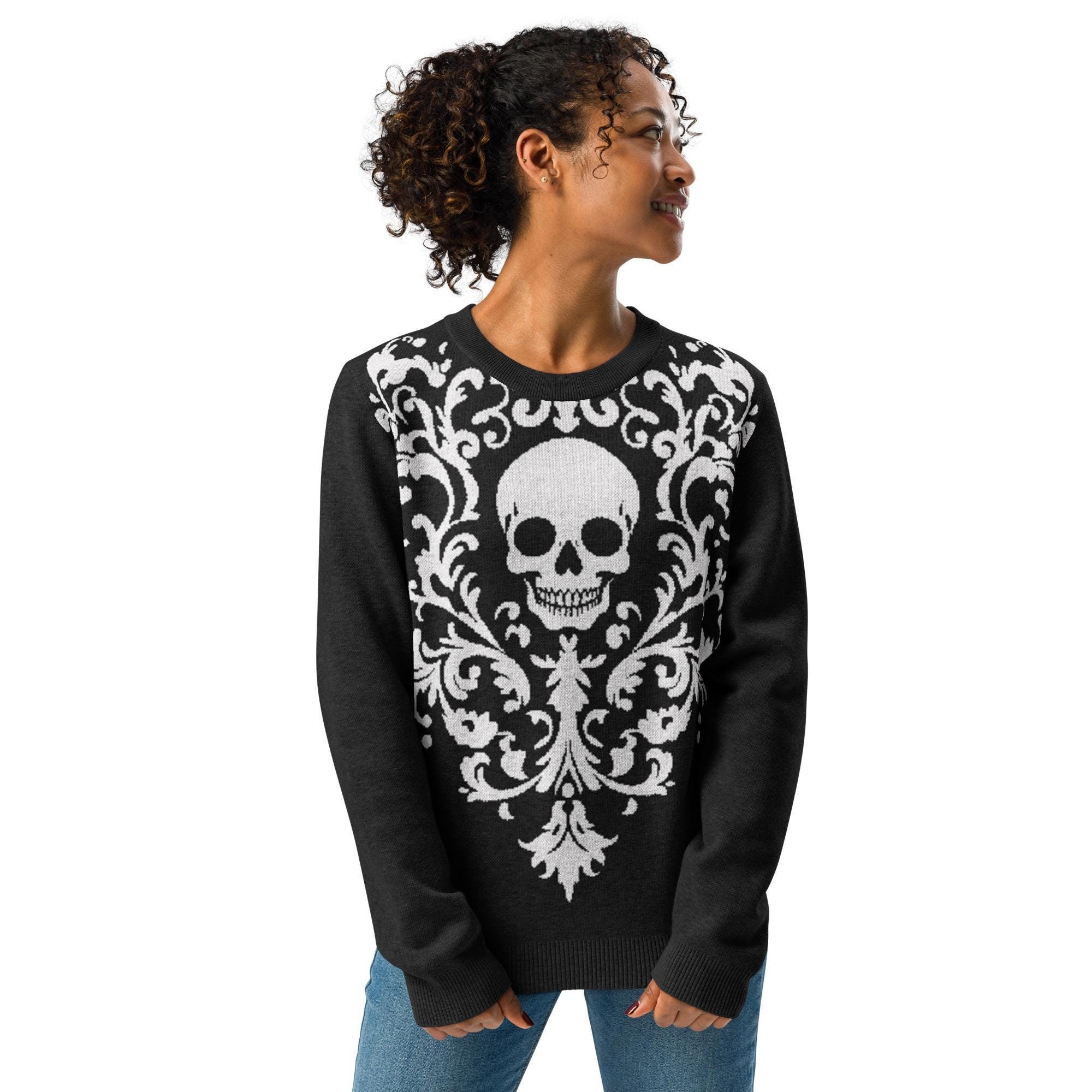 Gothic clothes, Skull top, Knitted sweater, Crew neck sweater, Black and white, Emo clothes, Lightweight top, Damask, Knit top woman & men