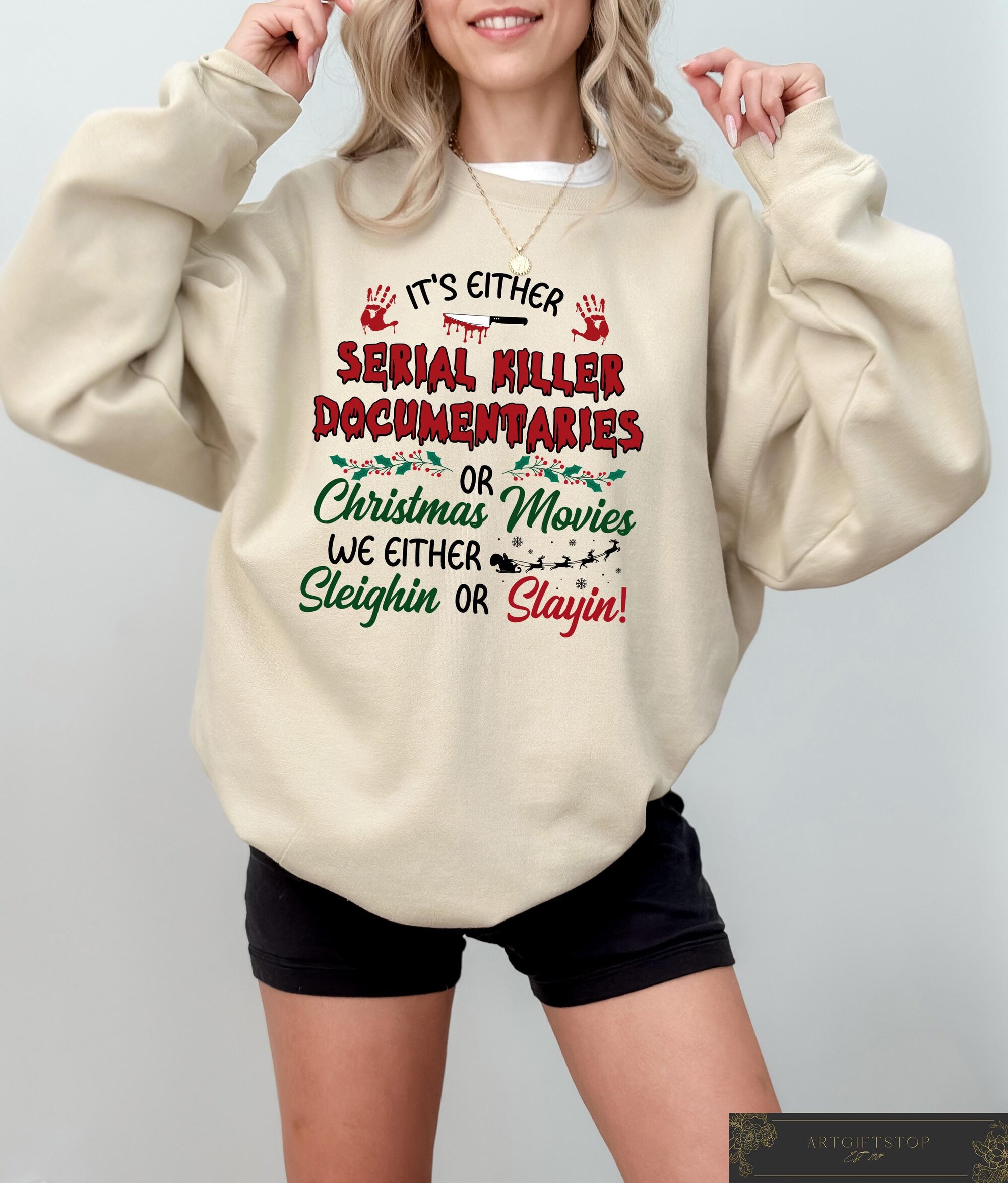 Crime Documentaries Sweatshirt, Horror Christmas Funny Christmas Shirt, Slaying Or Sleighing, Xmas Holiday Gift, Christmas Movies Tshirt