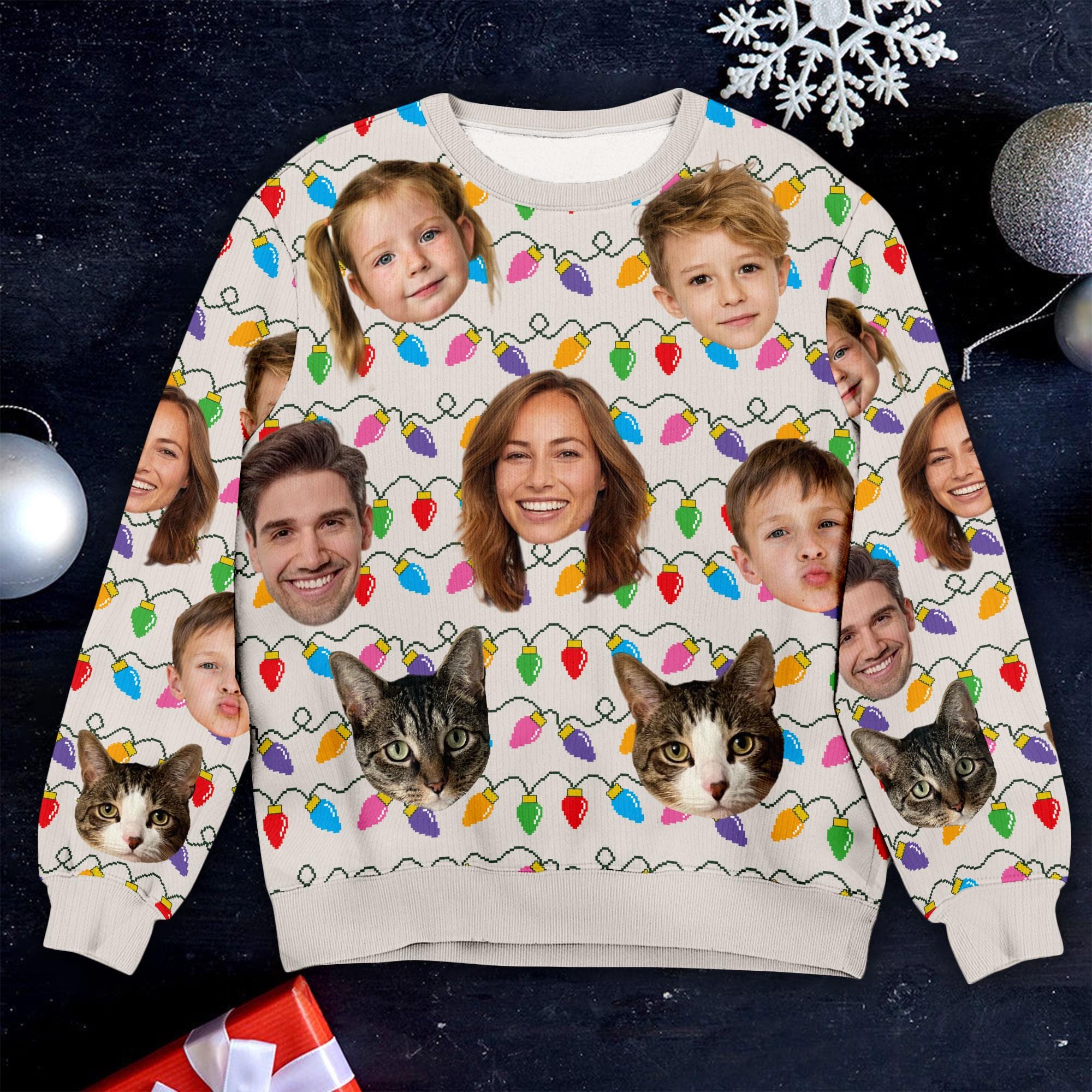Personalized Face Christmas Ugly Sweater, Family Photo Ugly Sweater, Ugly Christmas Pattern, Retro Ugly Sweater, Christmas Gift, Custom Face