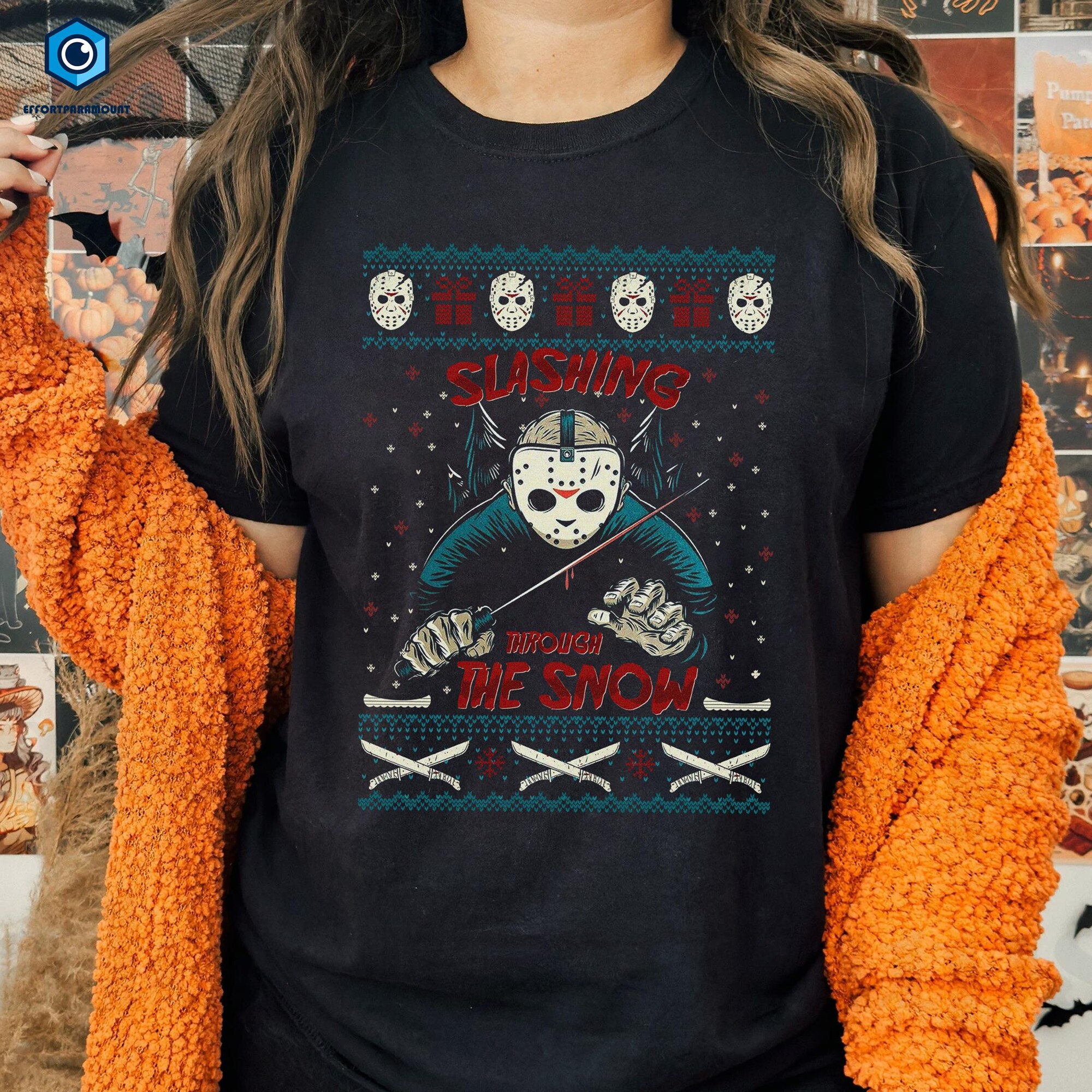Slashing Through The Snow Ugly Christmas Sweatshirt T Shirt Jason Voorhees Friday Halloween 13th T Shirt Christmas Horror Friends Sweatshirt