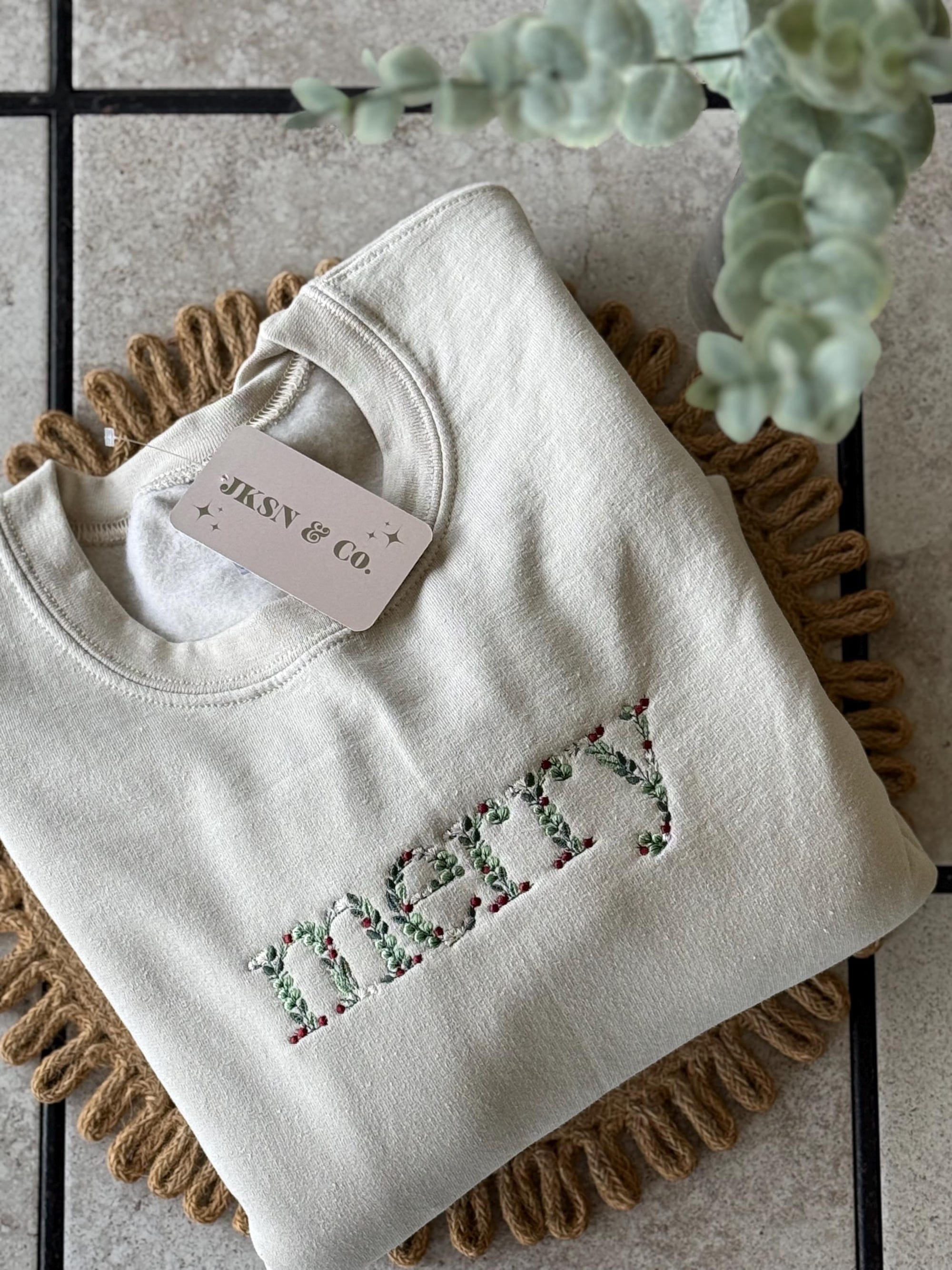 il_2000xN.6425491532_pnf2.jpg Floral Merry Embroidered Christmas Crewneck -- Christmas Sweatshirt, Holiday Sweatshirt, Merry, Christmas Shirt, Holiday Shirt