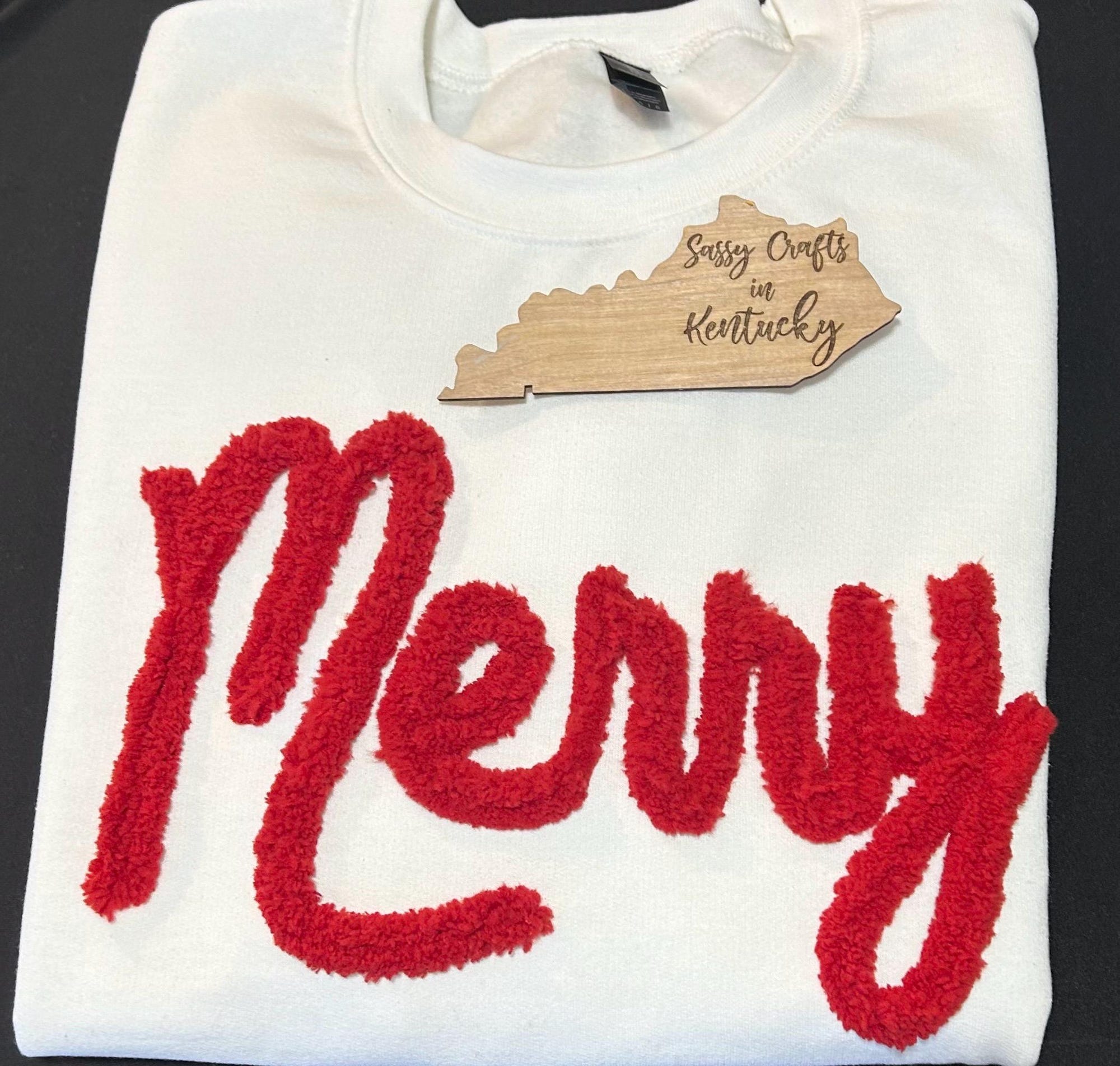 Christmas Spirit Sweatshirt: Embroidered Chenille ‘Merry’ Design