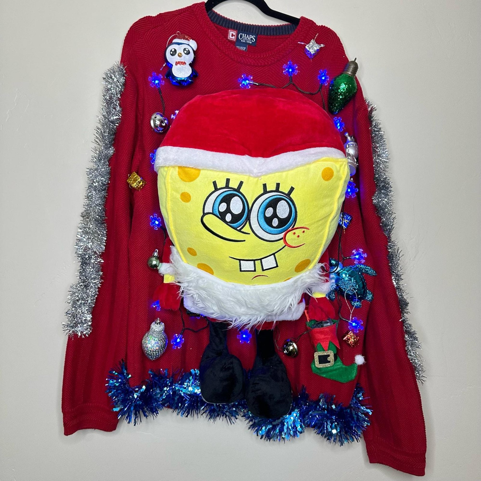Ugly Christmas Sweater Spongebob LIGHTS UP Tacky Tinsel Xmas Party Winner Size XXL