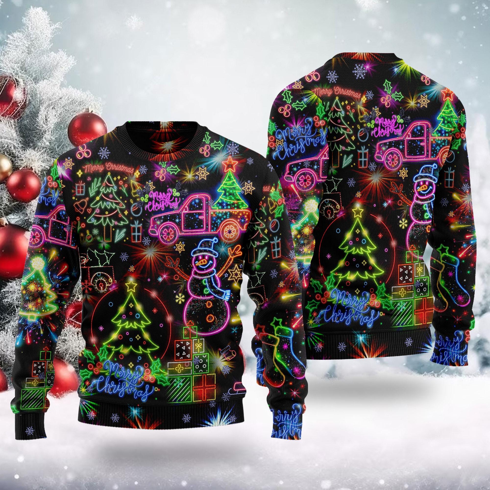 Christmas Bright Neon Lighting Ugly Christmas Sweater, Santa Claus Neon Christmas Sweater, Reindeer Neon Light Xmas Sweatshirt, Xmas Party