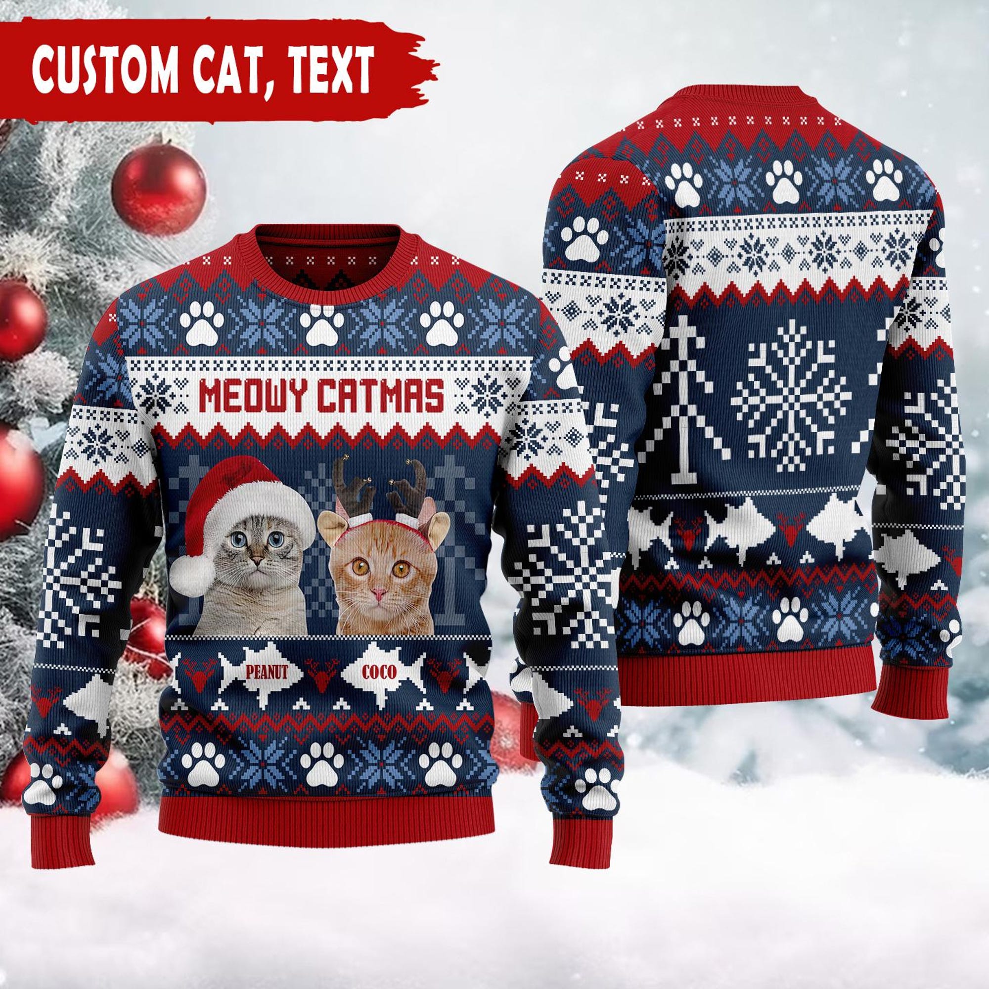 Personalized Meowy Catmas Funny Cartoon Cats Unisex Ugly Sweater, Custom Christmas Gift For Cat Lovers, Cat Mom Cat Dad, Cat Lover Gift
