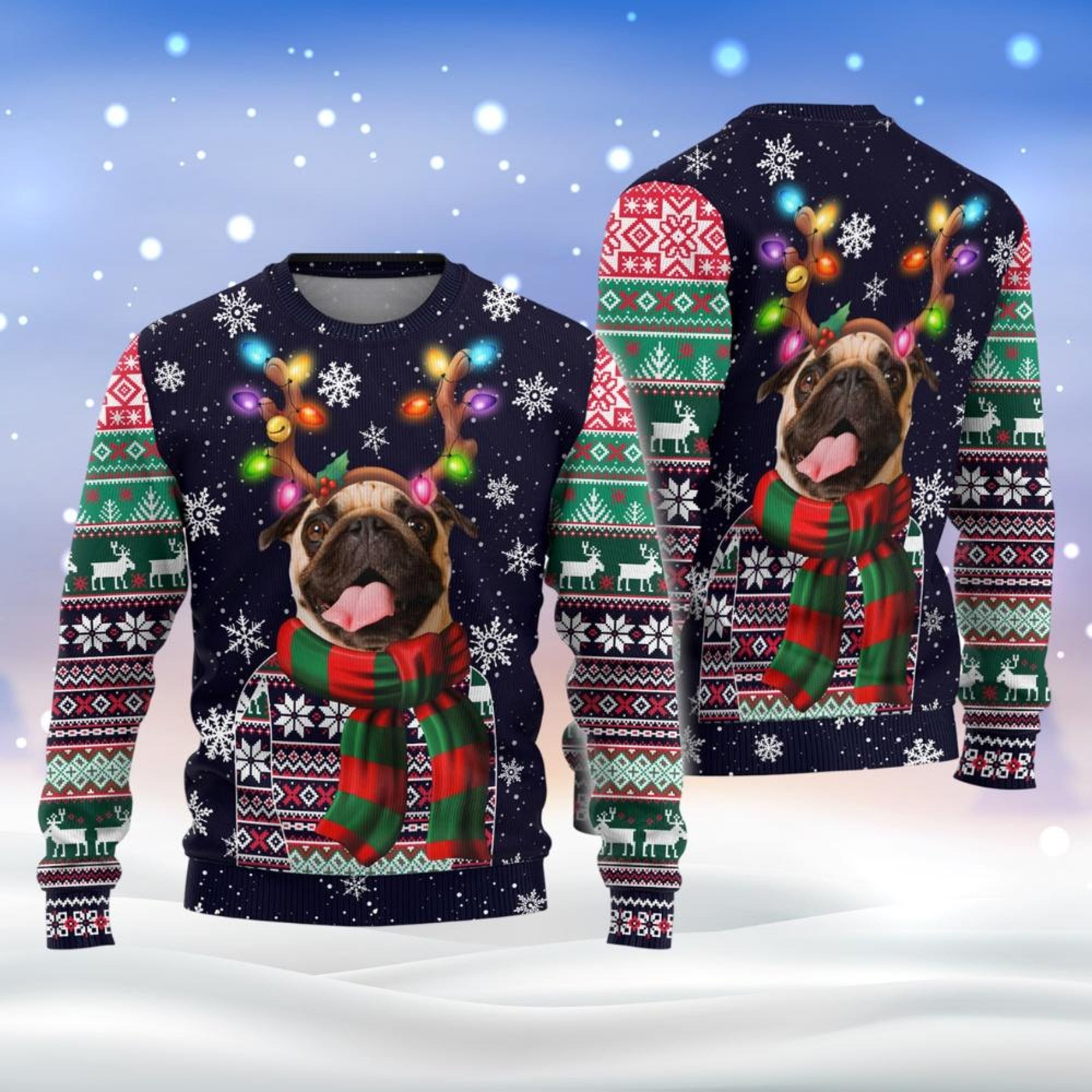 Christmas Pug Ugly Sweater, Pug Dog Holiday Sweater, Pug Santa Christmas Light Xmas Sweater, Pet Owner Family Sweater