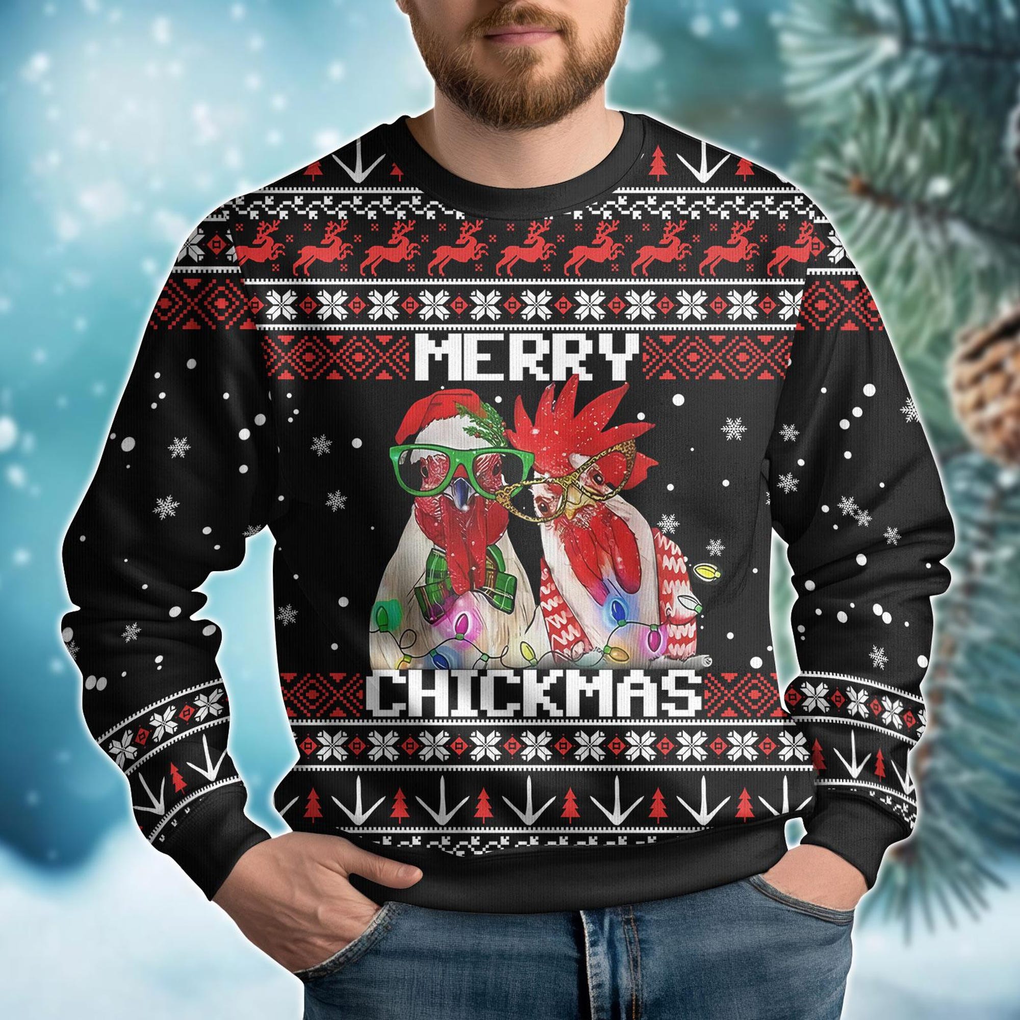 Christmas Chicken Ugly Sweater, Merry Chickmas Sweater, Funny Rooster Ugly Christmas Sweater, Farmer Xmas Lights Shirt, Holiday Sweater