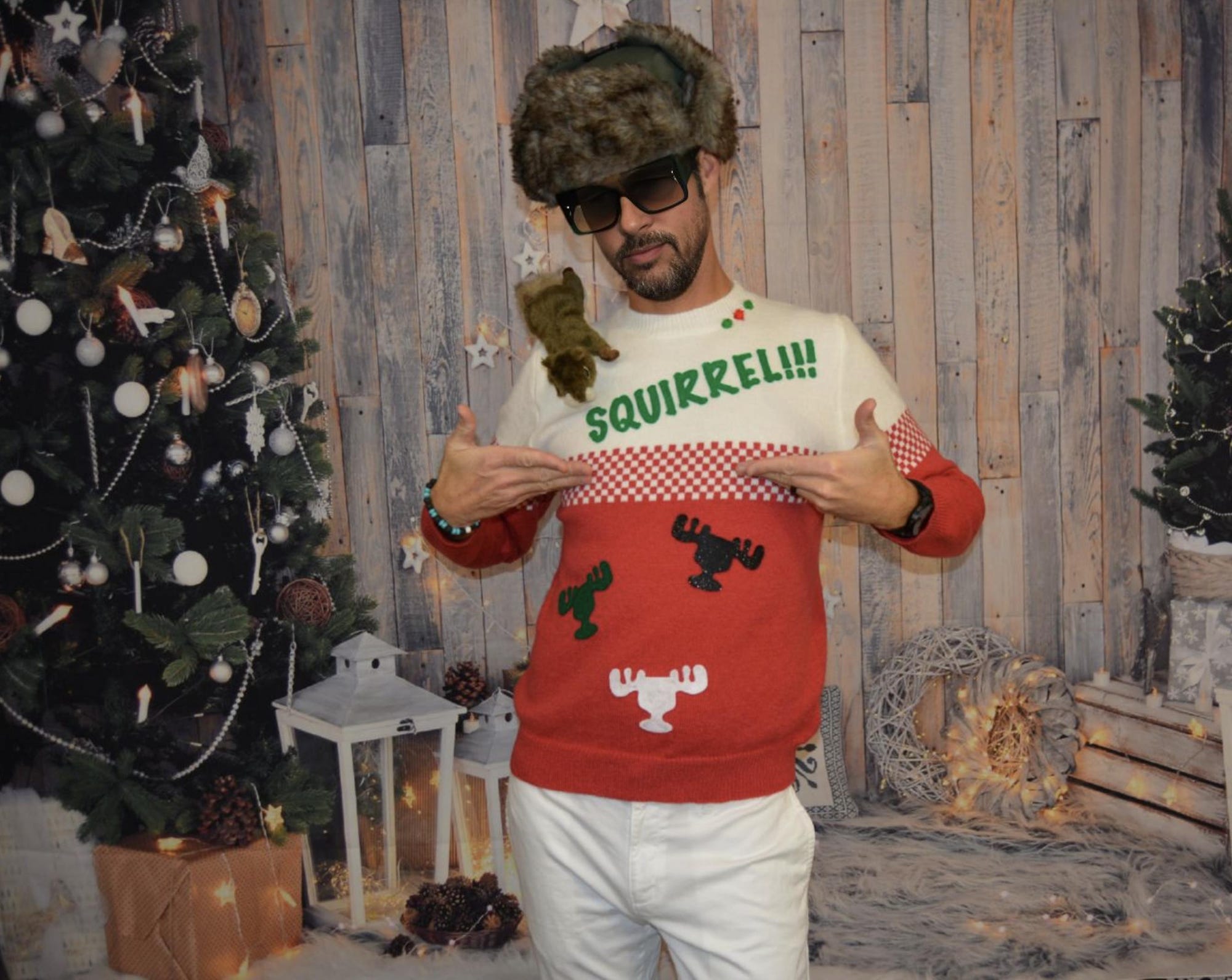 Muti size, Ugly Christmas Sweater, Squirrel, Griswold, National Lampoons Christmas vacation inspired, men’s, stuffed squirrel, 3 styles