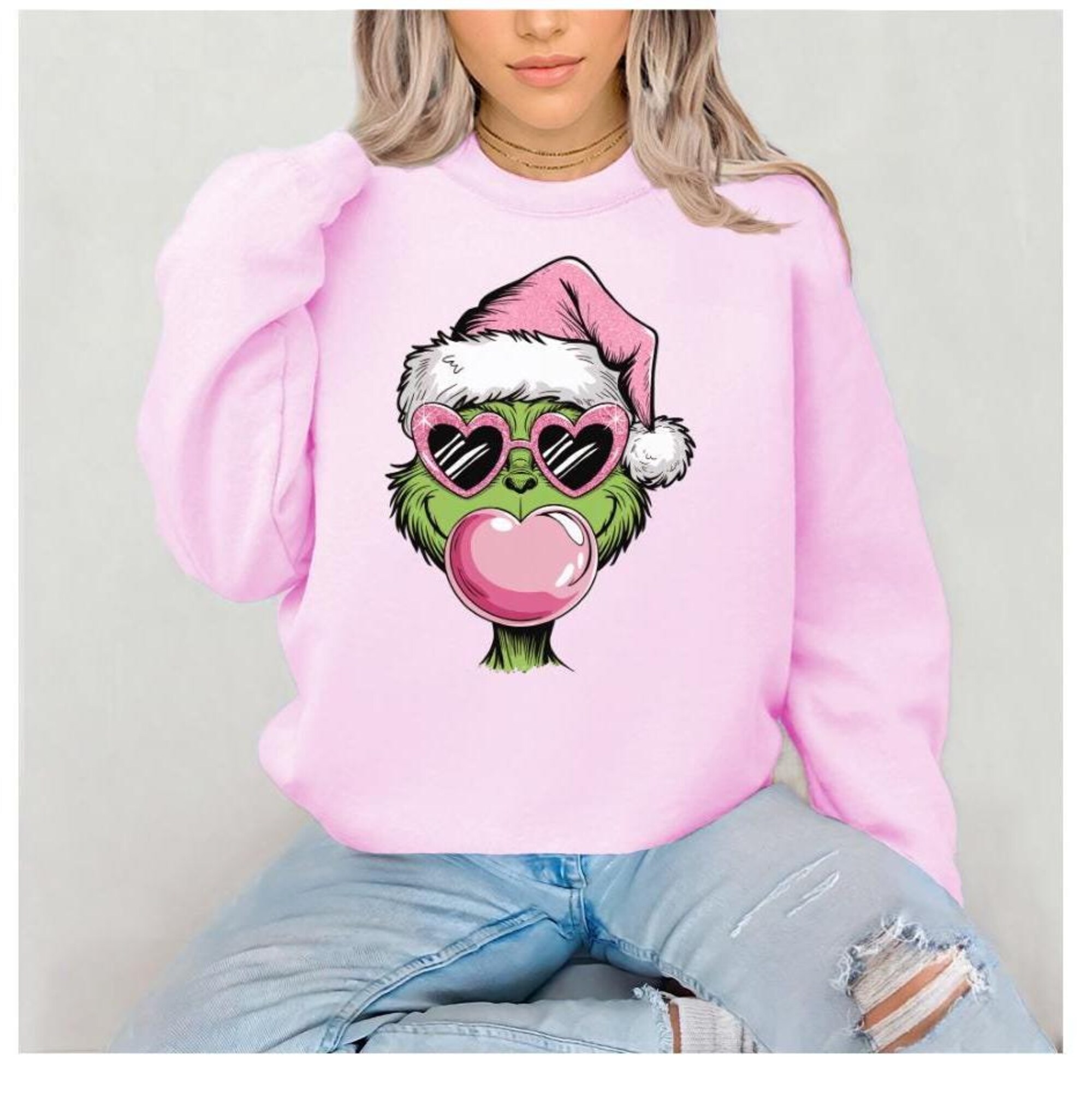 Funny Grinch Christmas Sweatshirt: Pink Holiday Design
