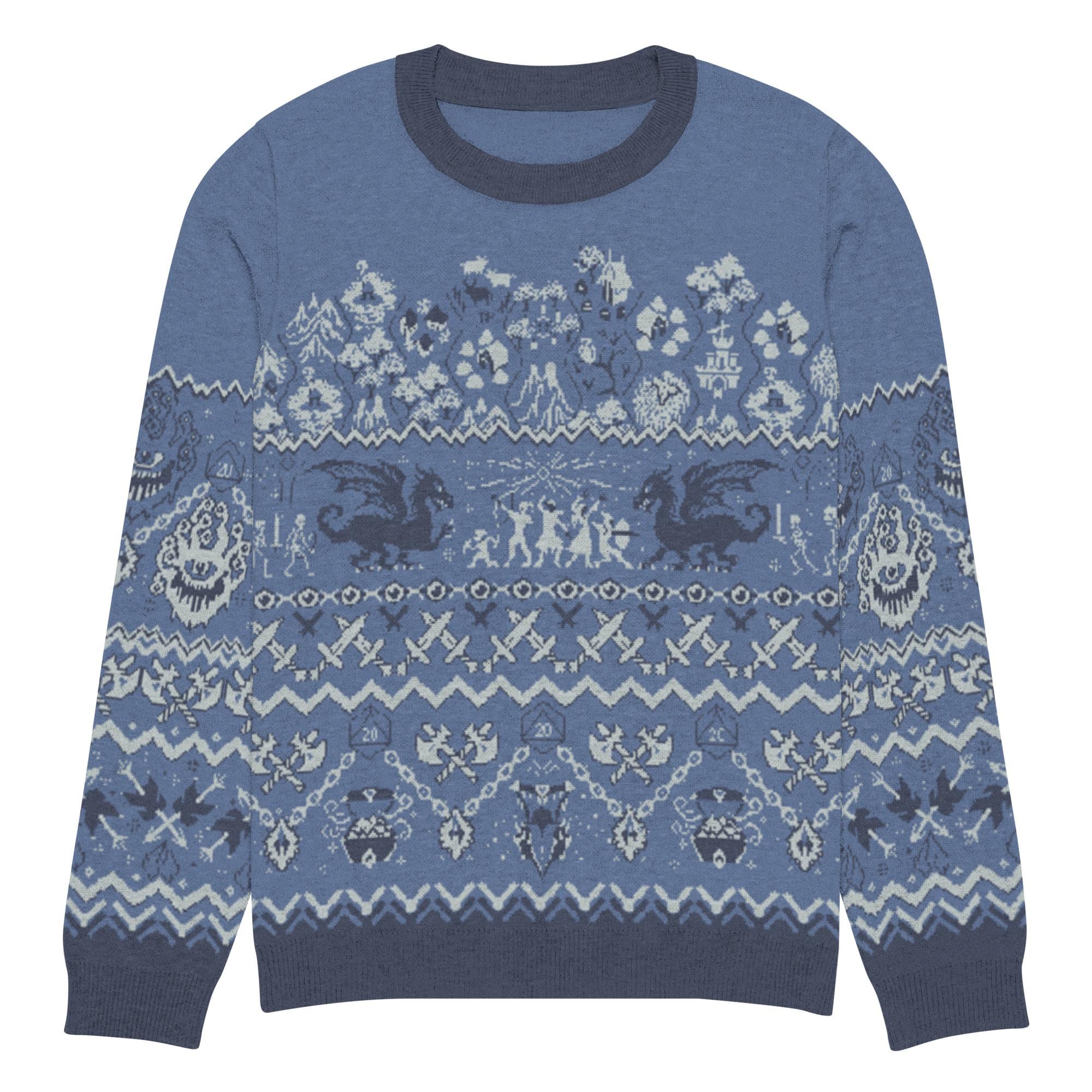 Knitted Ugly Sweater for Dungeon Master, blue fantasy roleplay winter outfit.