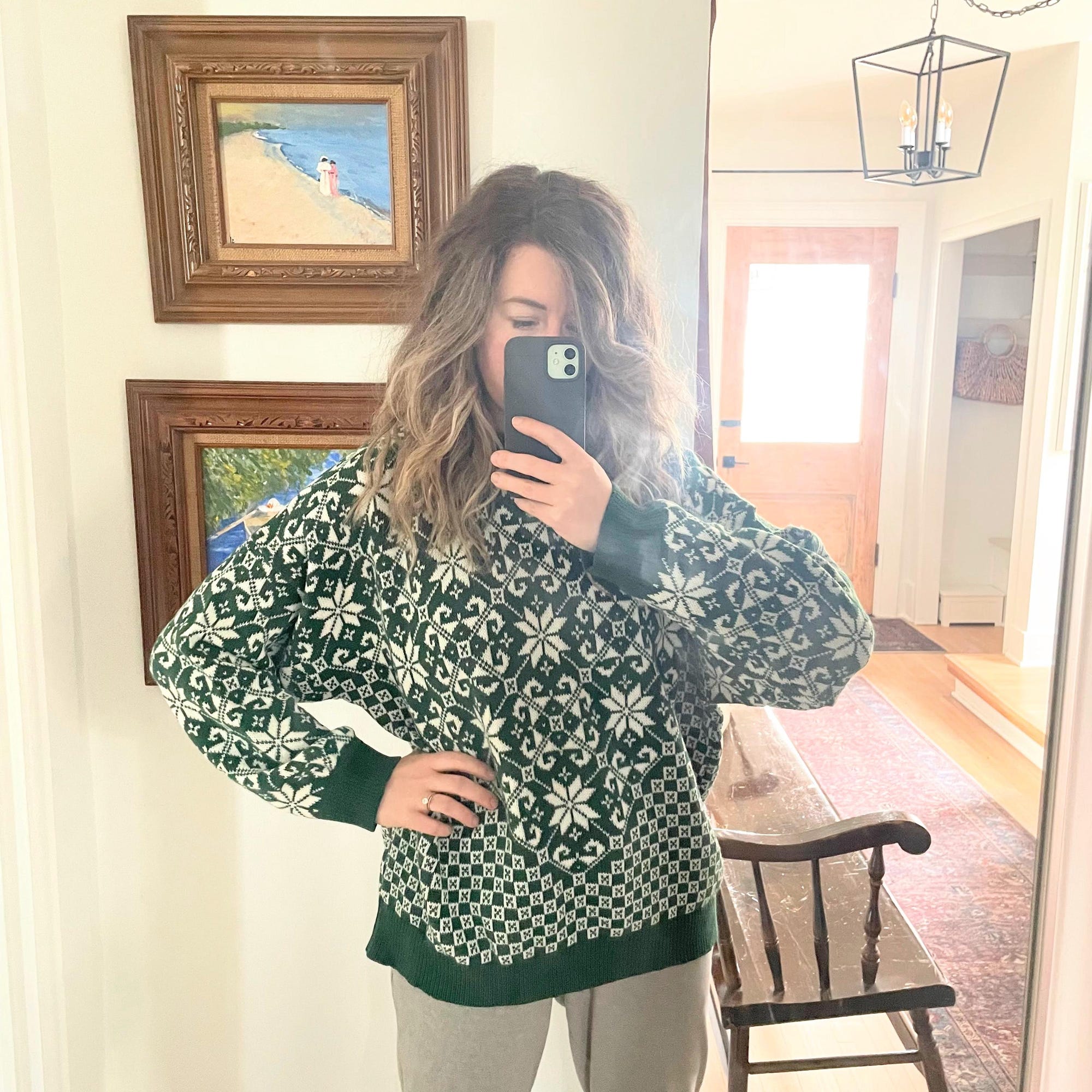 il_2000xN.6439431282_sfwo.jpg American Pride Made in USA 1980s Christmas Sweater | Ski Sweater | Green and White Snowflake Pullover | Ugly Christmas Sweater