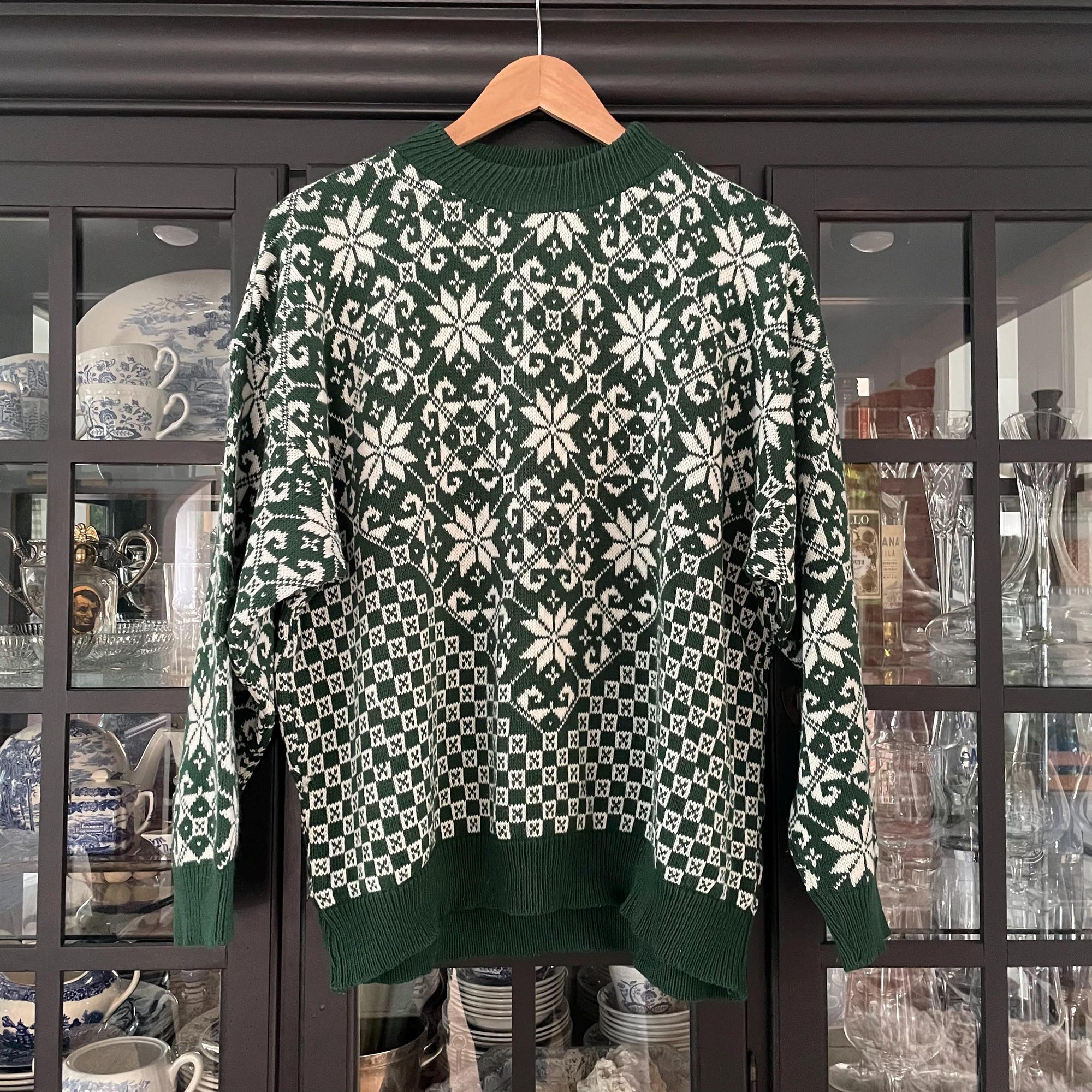 il_2000xN.6439431426_hqb8.jpg American Pride Made in USA 1980s Christmas Sweater | Ski Sweater | Green and White Snowflake Pullover | Ugly Christmas Sweater