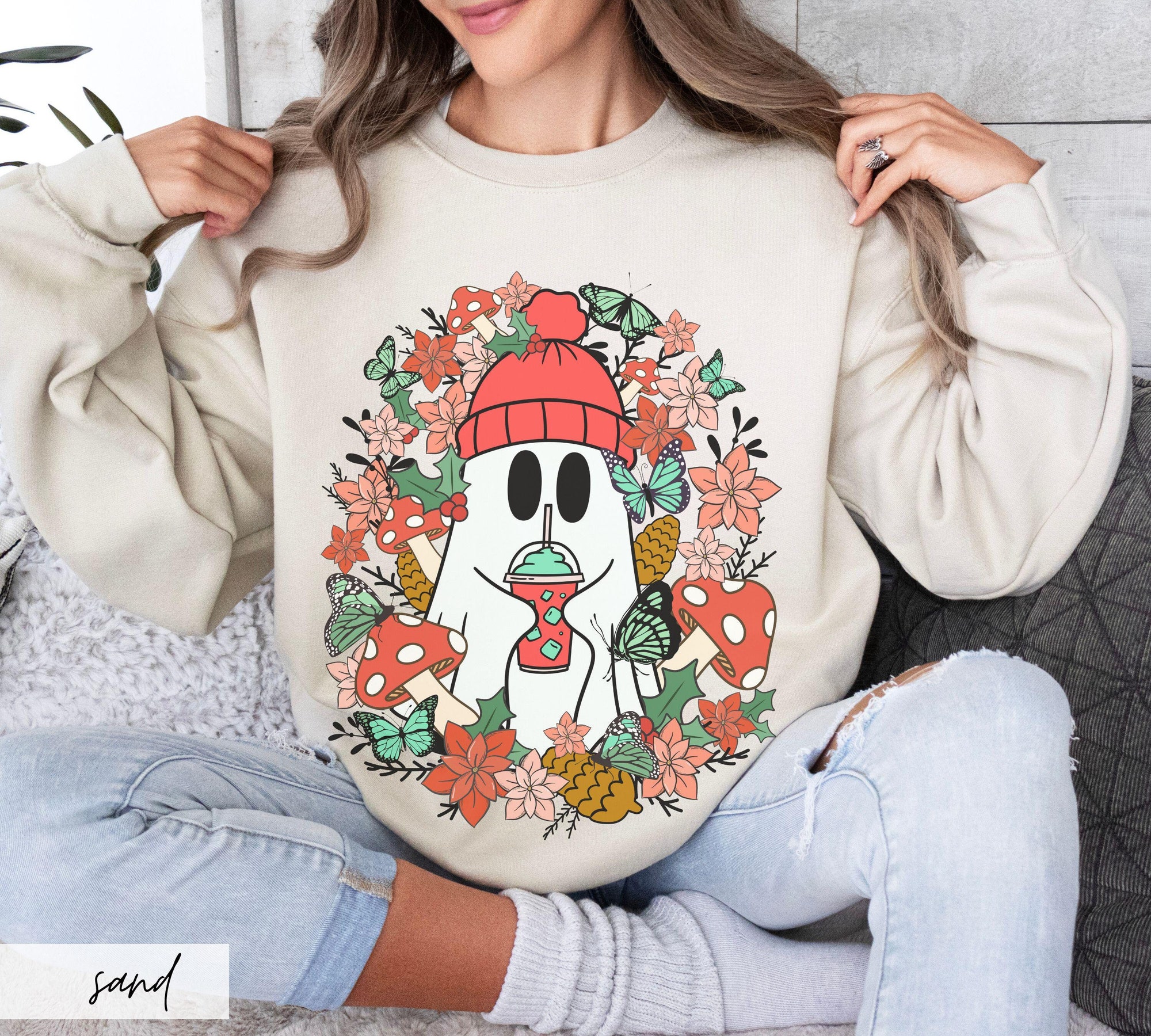 Cottagecore Coffee Ghost Christmas Sweater, Winter Fairycore Ghost Cozy Coffee Crewneck, Cartoon Butterfly Poinsettia Winter Whimsigoth Top